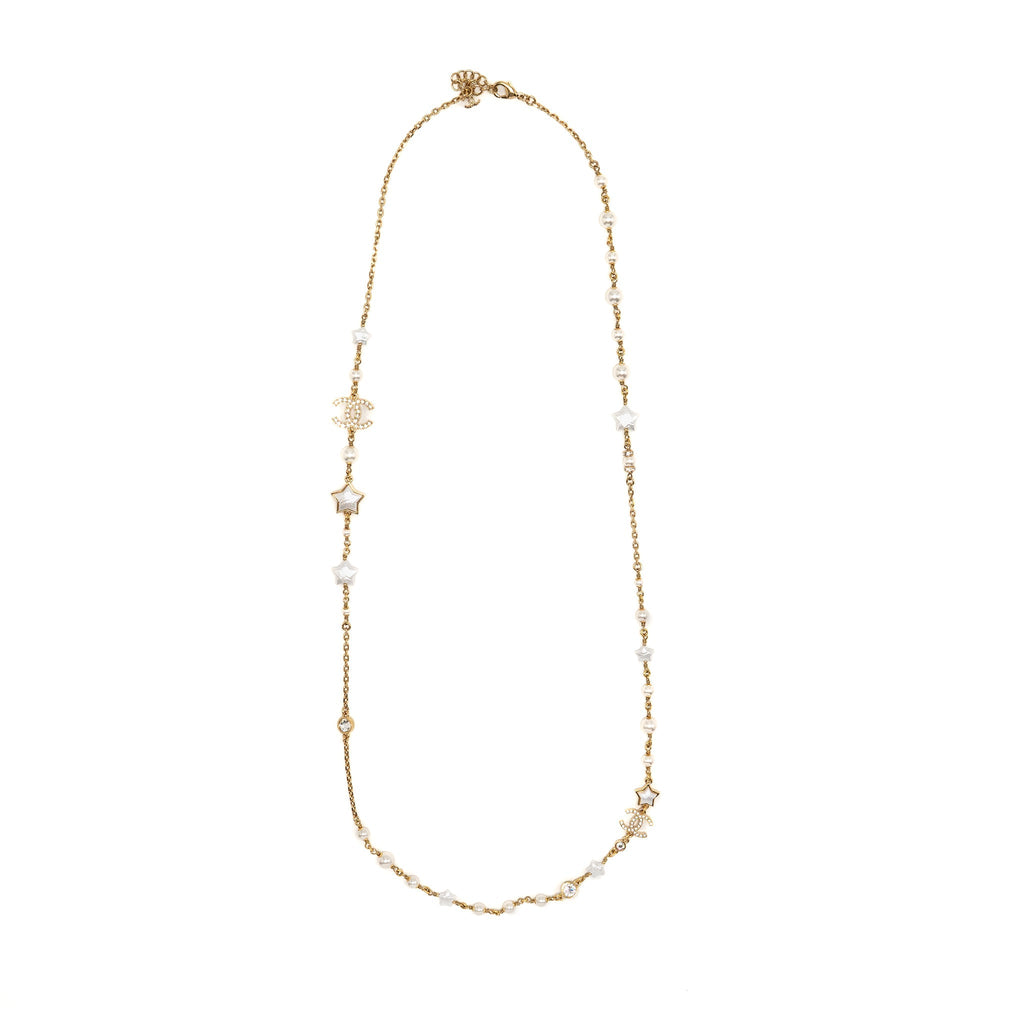 CHANEL CC STAR LONG NECKLACE PEARL/CRYSTAL GOLD TONE