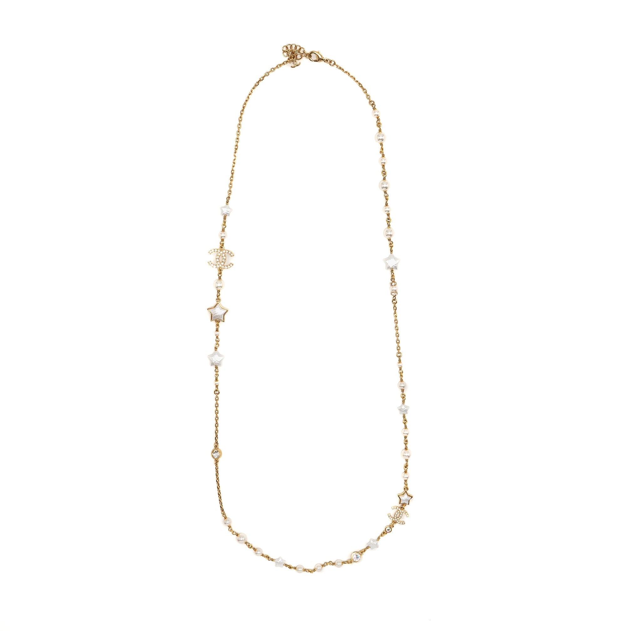 CHANEL CC STAR LONG NECKLACE PEARL/CRYSTAL GOLD TONE