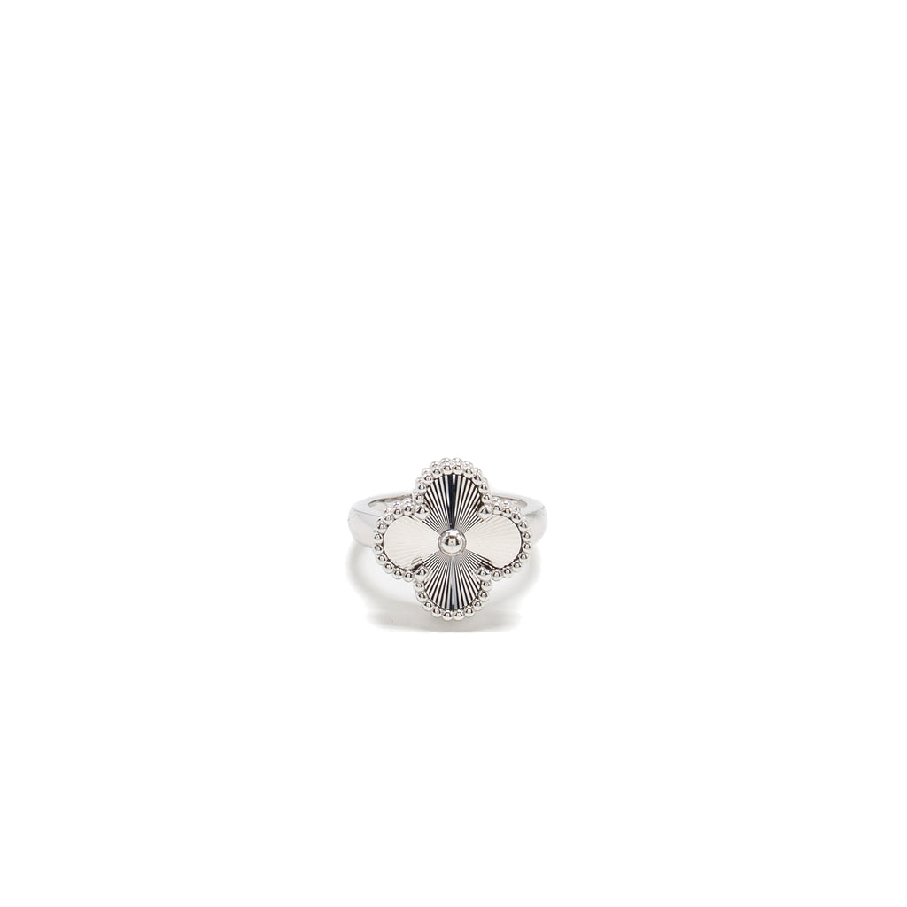 VAN CLEEF & ARPELS VINTAGE ALHAMBRA RING GUILLOCHE WHITE GOLD
