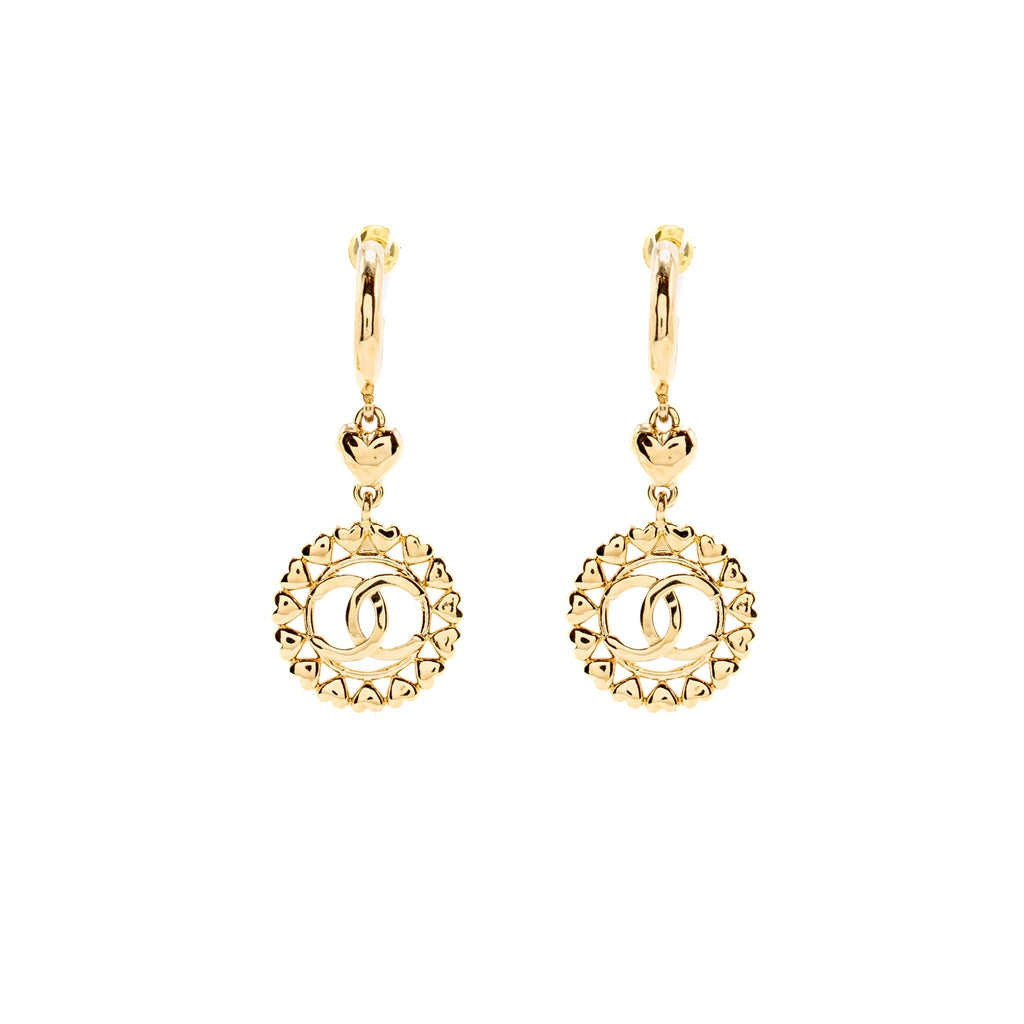CHANEL HEART CIRCLE CC DROP EARRINGS LIGHT GOLD TONE