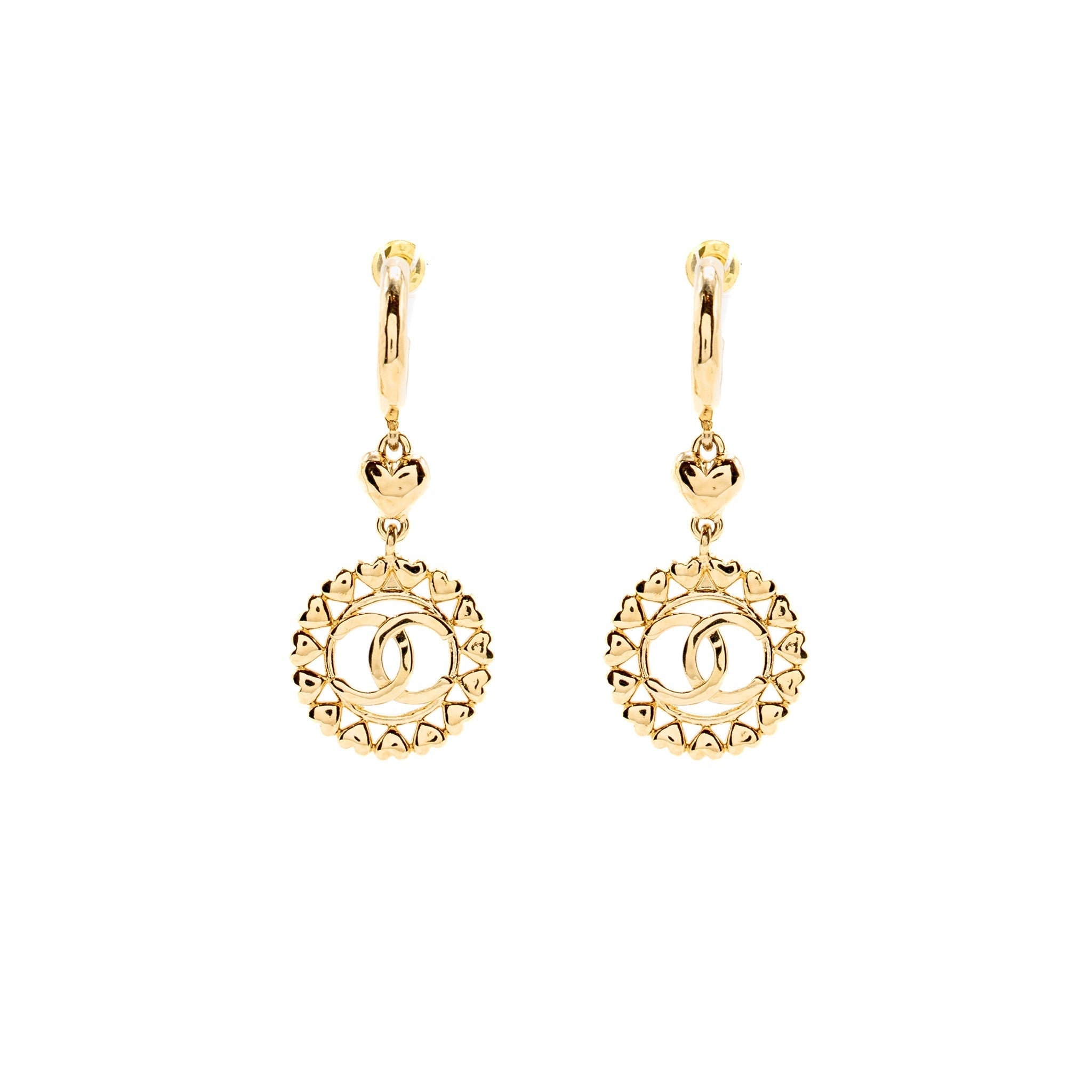 CHANEL HEART CIRCLE CC DROP EARRINGS LIGHT GOLD TONE