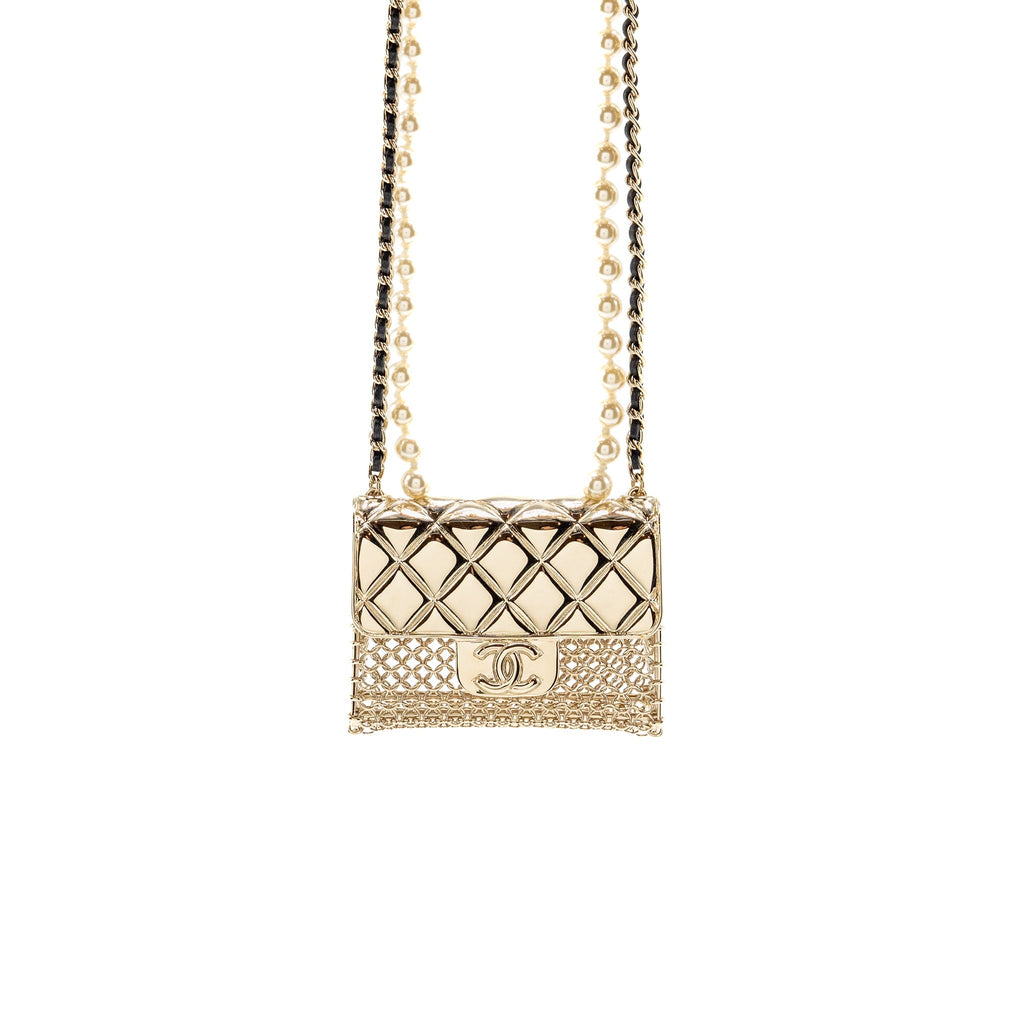 CHANEL CC FLAP BAG PENDANT LONG NECKLACE PEARL/LEATHER LIGHT GOLD TONE