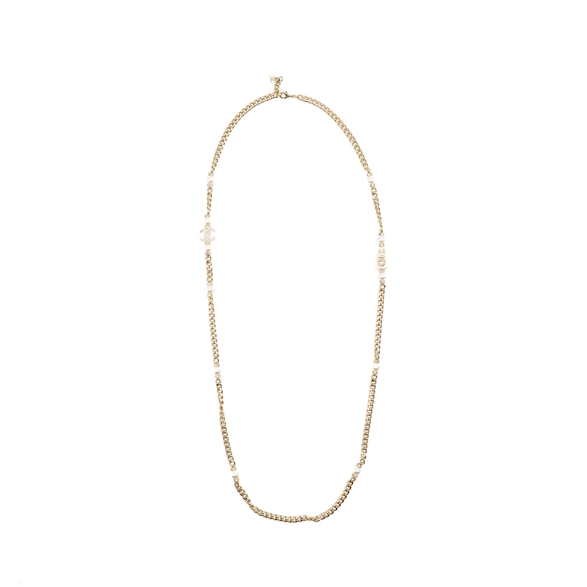 CHANEL NO.5 PERFUME BOTTLE WAIST CHAIN / BELT PEARL/CRYSTAL LIGHT GOLD TONE