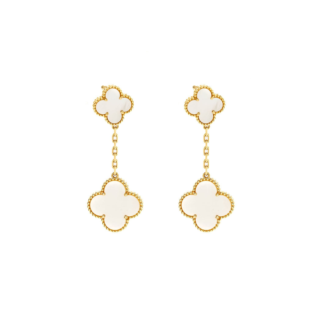 VAN CLEEF & ARPELS MAGIC ALHAMBRA 2-MOTIF EARRINGS, YELLOW GOLD, WHITE MOTHER-OF-PEARL