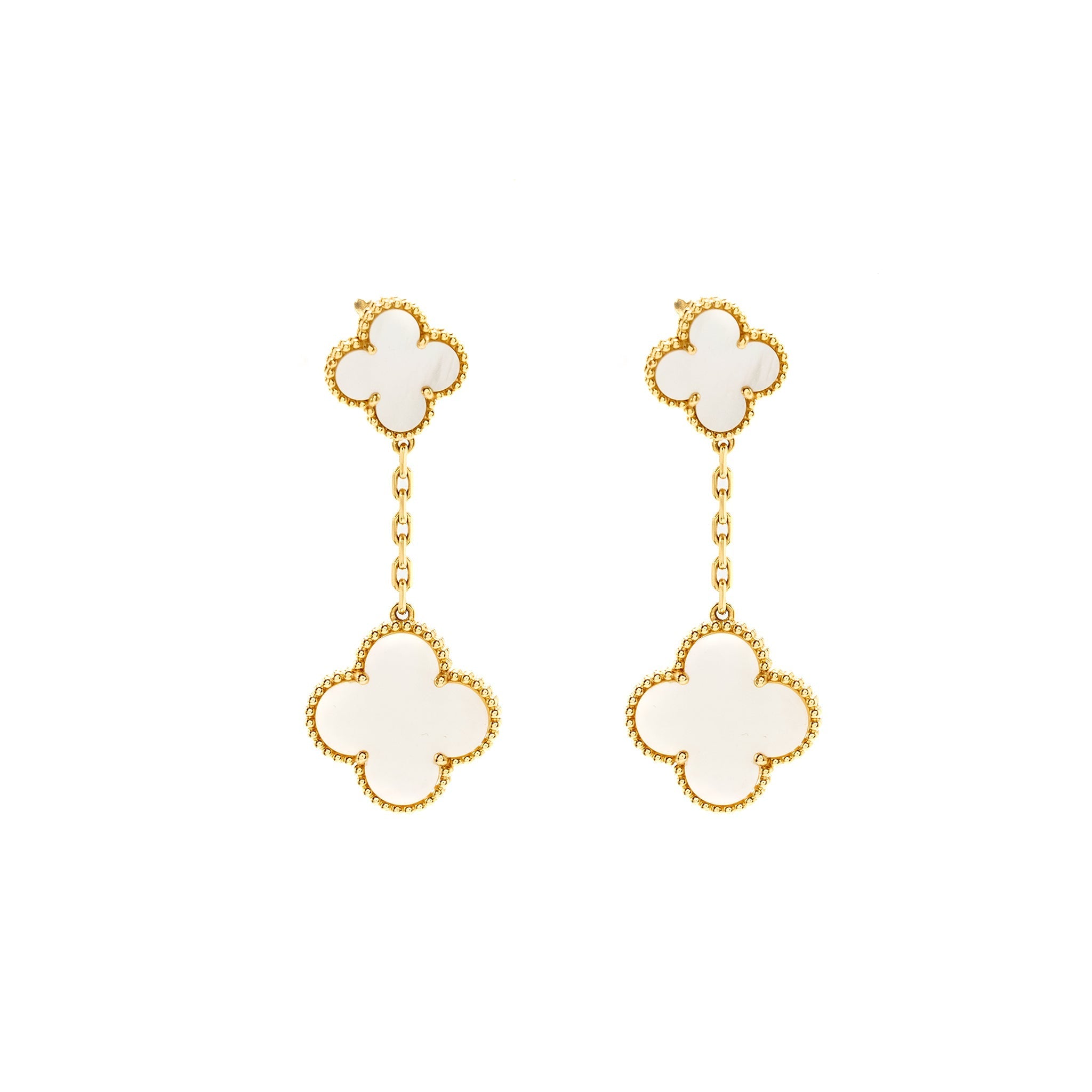 VAN CLEEF & ARPELS MAGIC ALHAMBRA 2-MOTIF EARRINGS, YELLOW GOLD, WHITE MOTHER-OF-PEARL