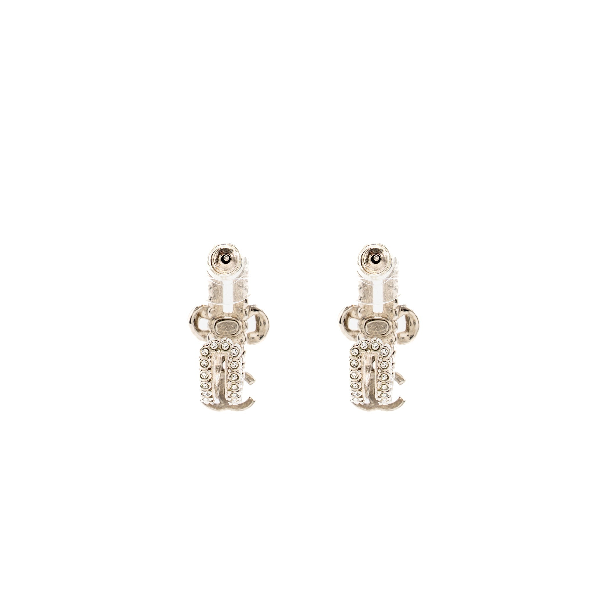 CHANEL BOW KNOT CC DROP HOOP EARRINGS CRYSTAL SILVER/GOLD TONE