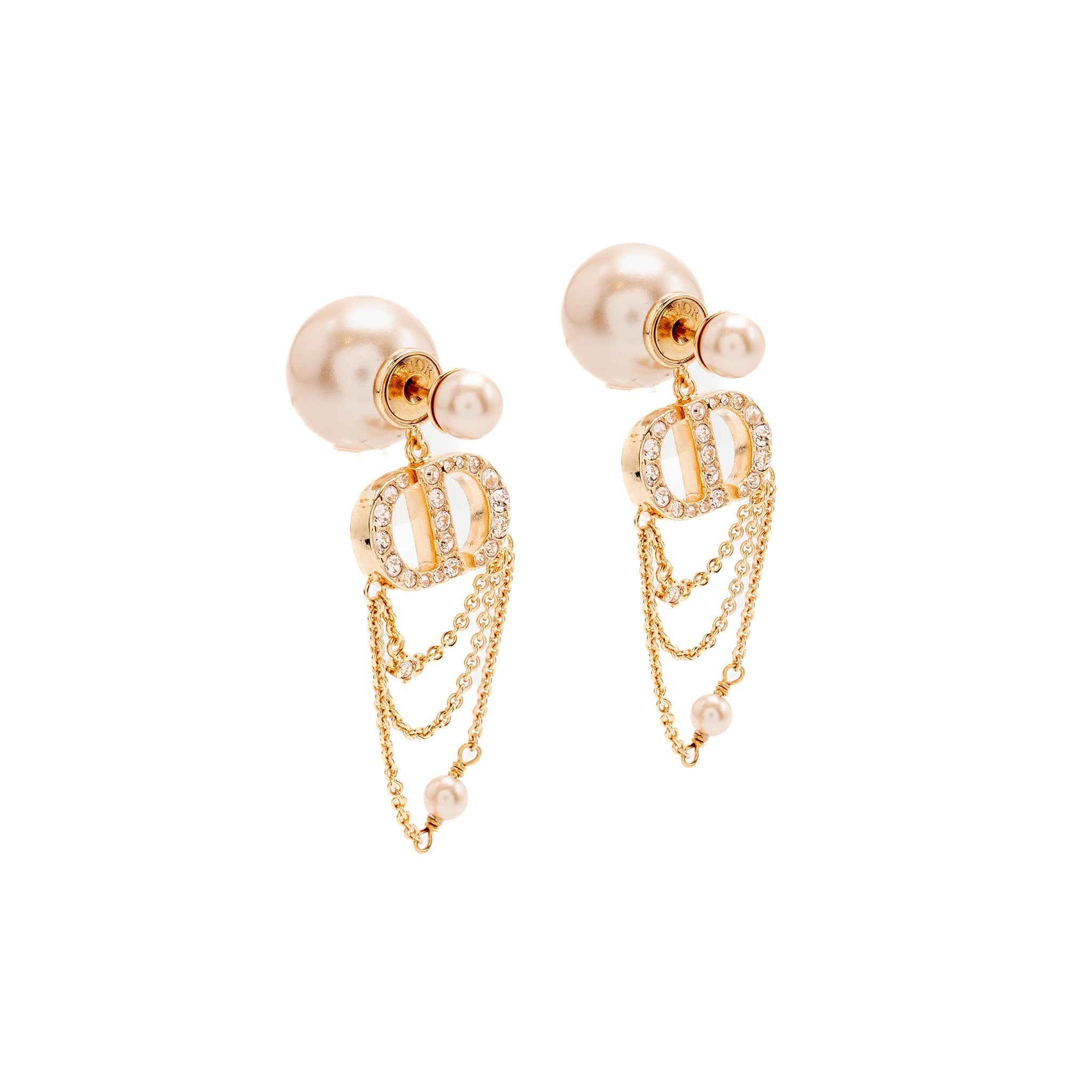 DIOR CD CRYSTAL DROPPED AND PEARL EARRINGS ROSE GOLD TONE