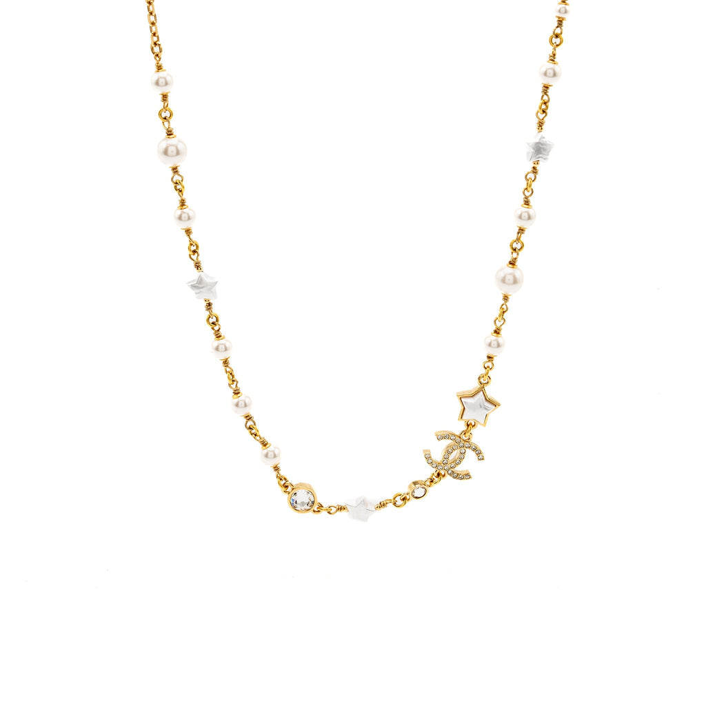 CHANEL CC STAR LONG NECKLACE PEARL/CRYSTAL GOLD TONE