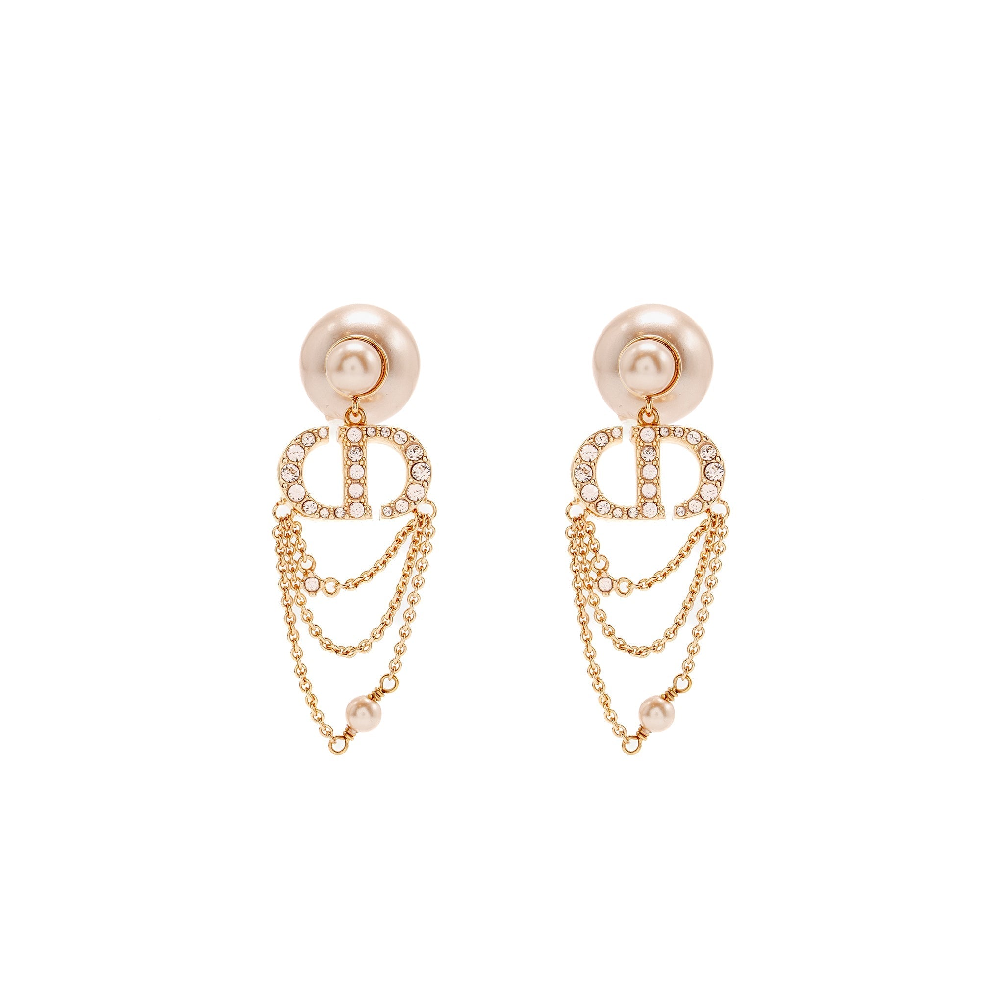 DIOR CD CRYSTAL DROPPED AND PEARL EARRINGS ROSE GOLD TONE
