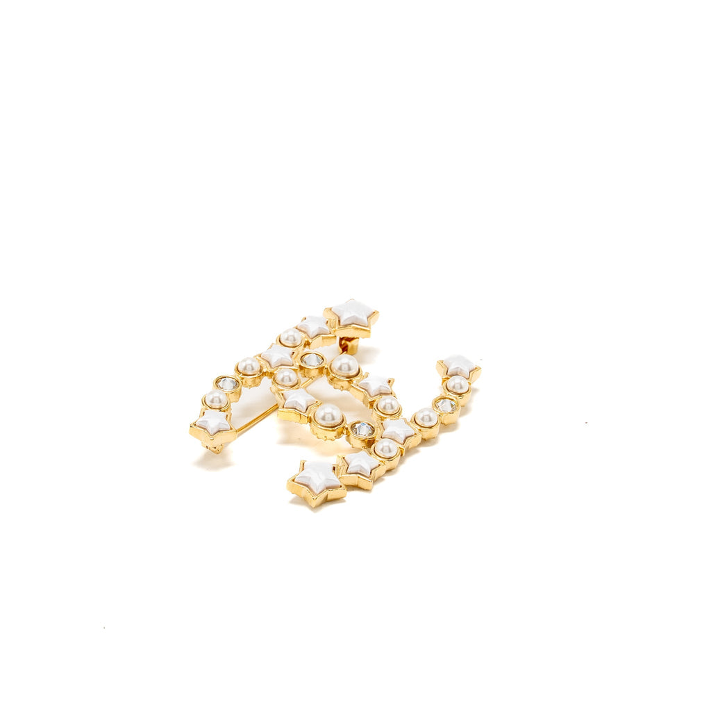 CHANEL CC STAR BROOCH CRYSTAL/PEARL GOLD TONE