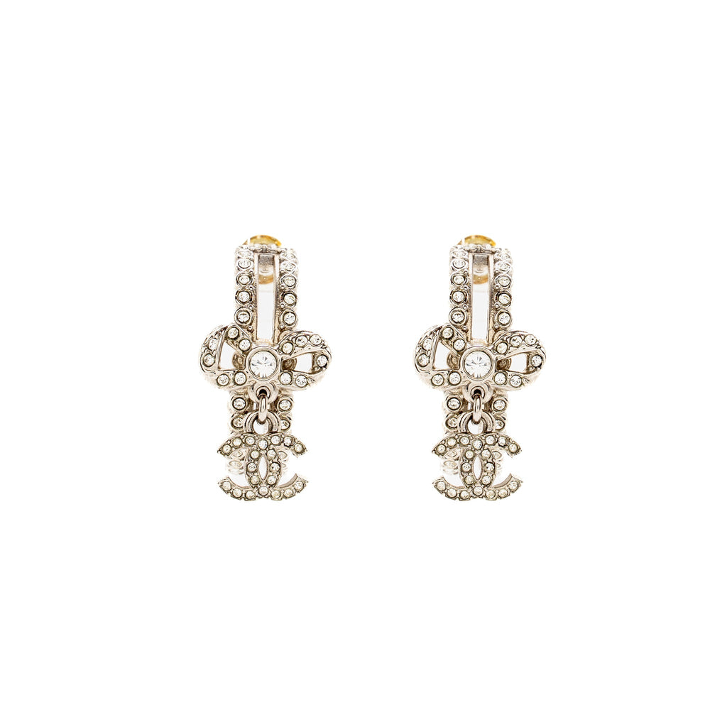 CHANEL BOW KNOT CC DROP HOOP EARRINGS CRYSTAL SILVER/GOLD TONE
