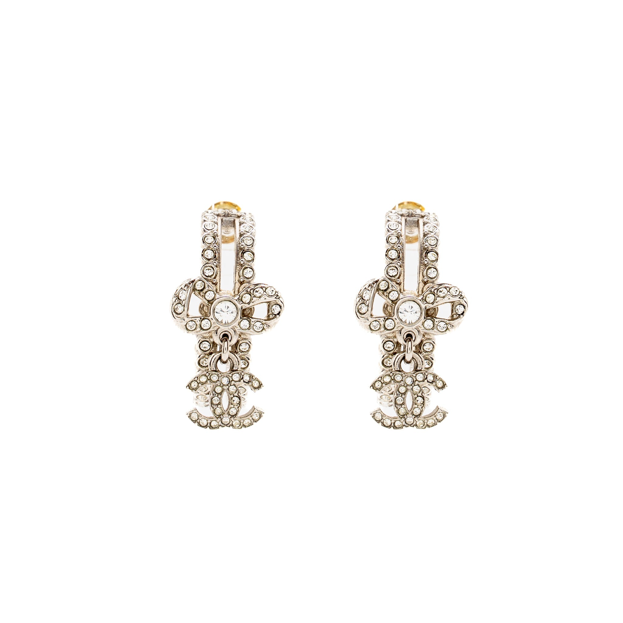 CHANEL BOW KNOT CC DROP HOOP EARRINGS CRYSTAL SILVER/GOLD TONE