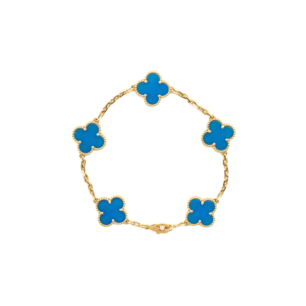 VAN CLEEF AND ARPELS VINTAGE ALHAMBRA BRACELET 5 MOTIFS 18K YELLOW GOLD , AGATE