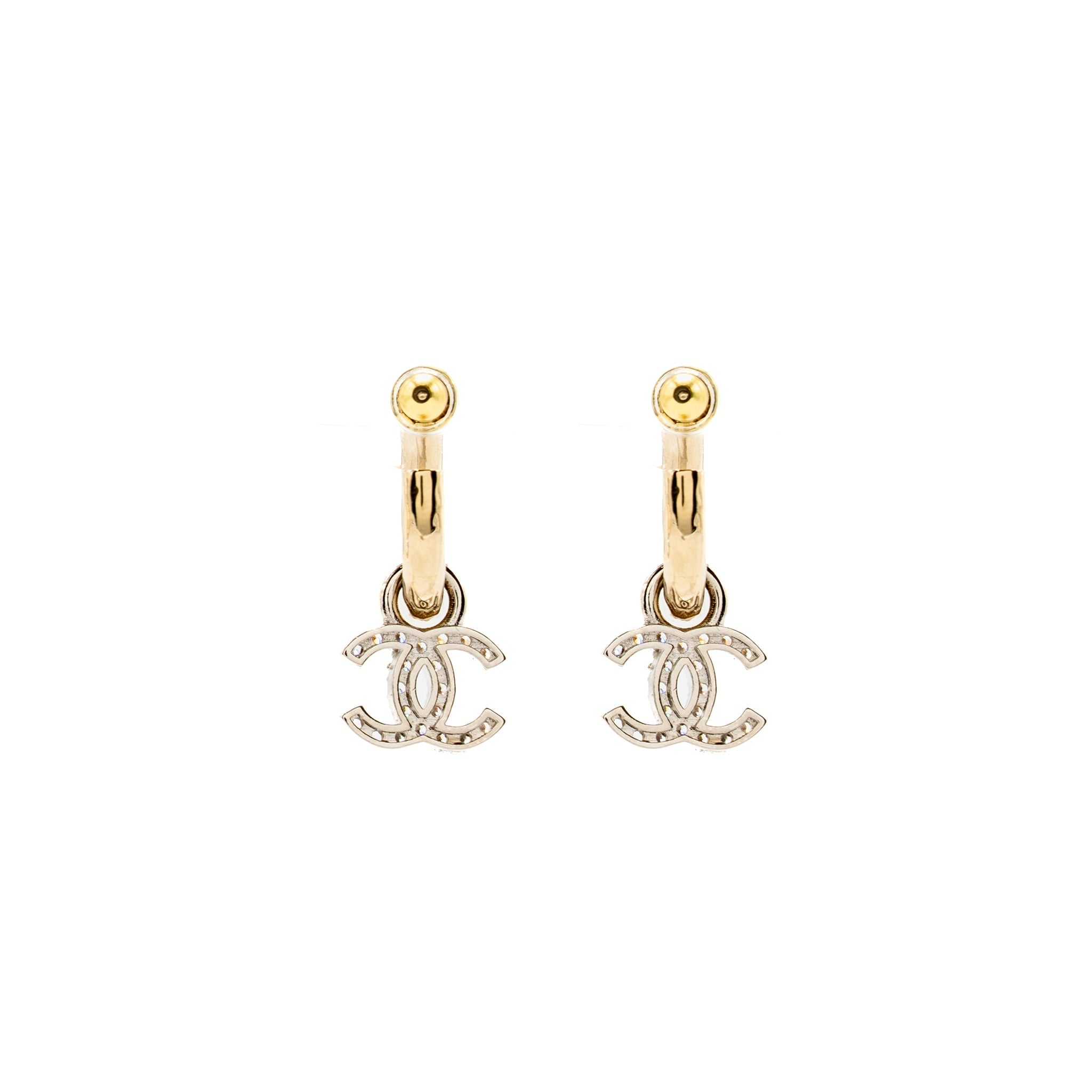 CHANEL CC DROP EARRINGS CRYSTAL LIGHT GOLD/SILVER TONE