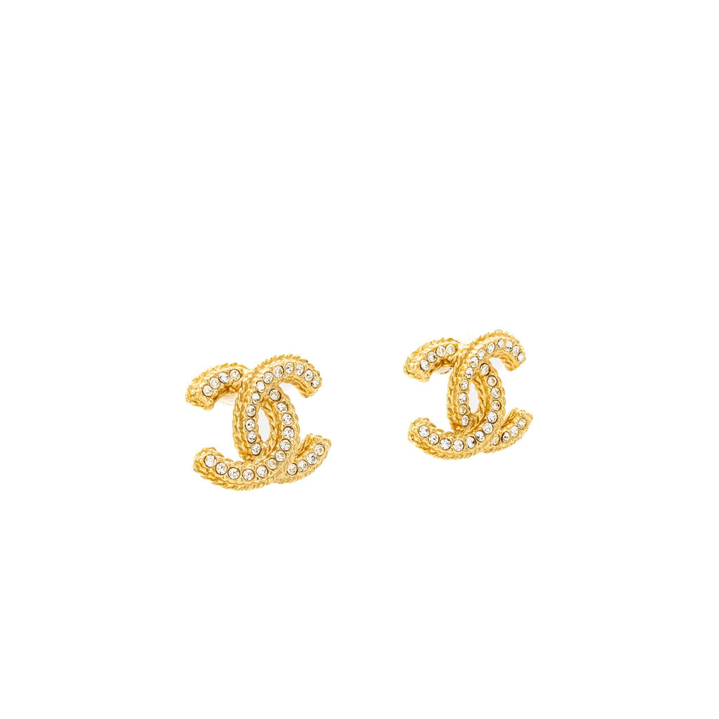CHANEL CRYSTAL CC LOGO EARRINGS GOLD TONE