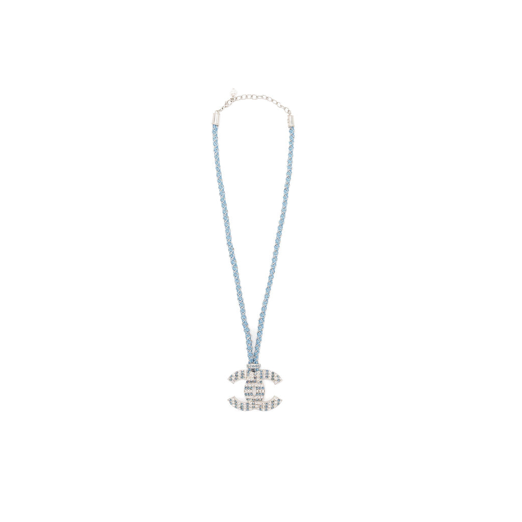CHANEL GIANT CC LOGO NECKLACE WITH CRYSTAL BLUE SILVER TONE