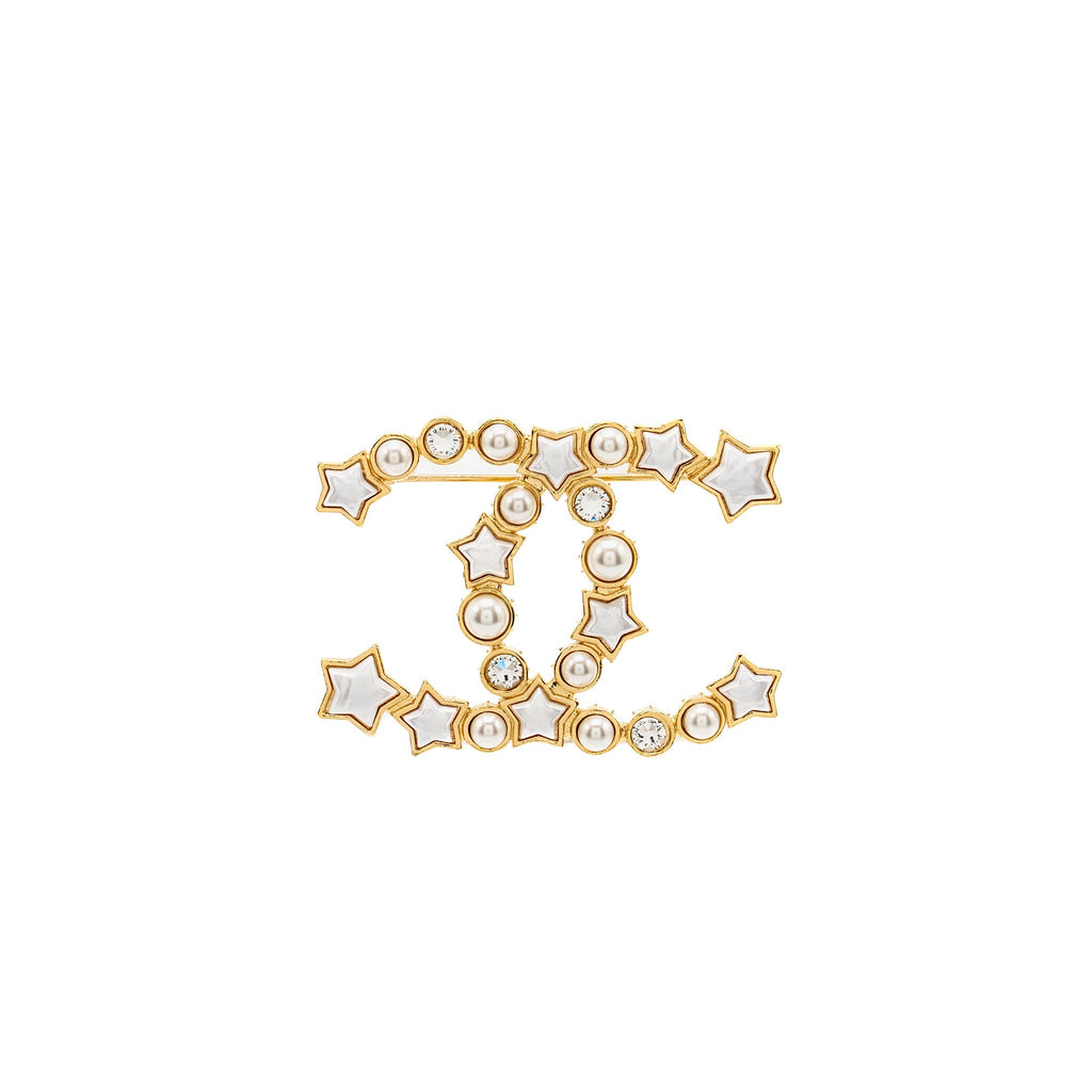 CHANEL CC STAR BROOCH CRYSTAL/PEARL GOLD TONE
