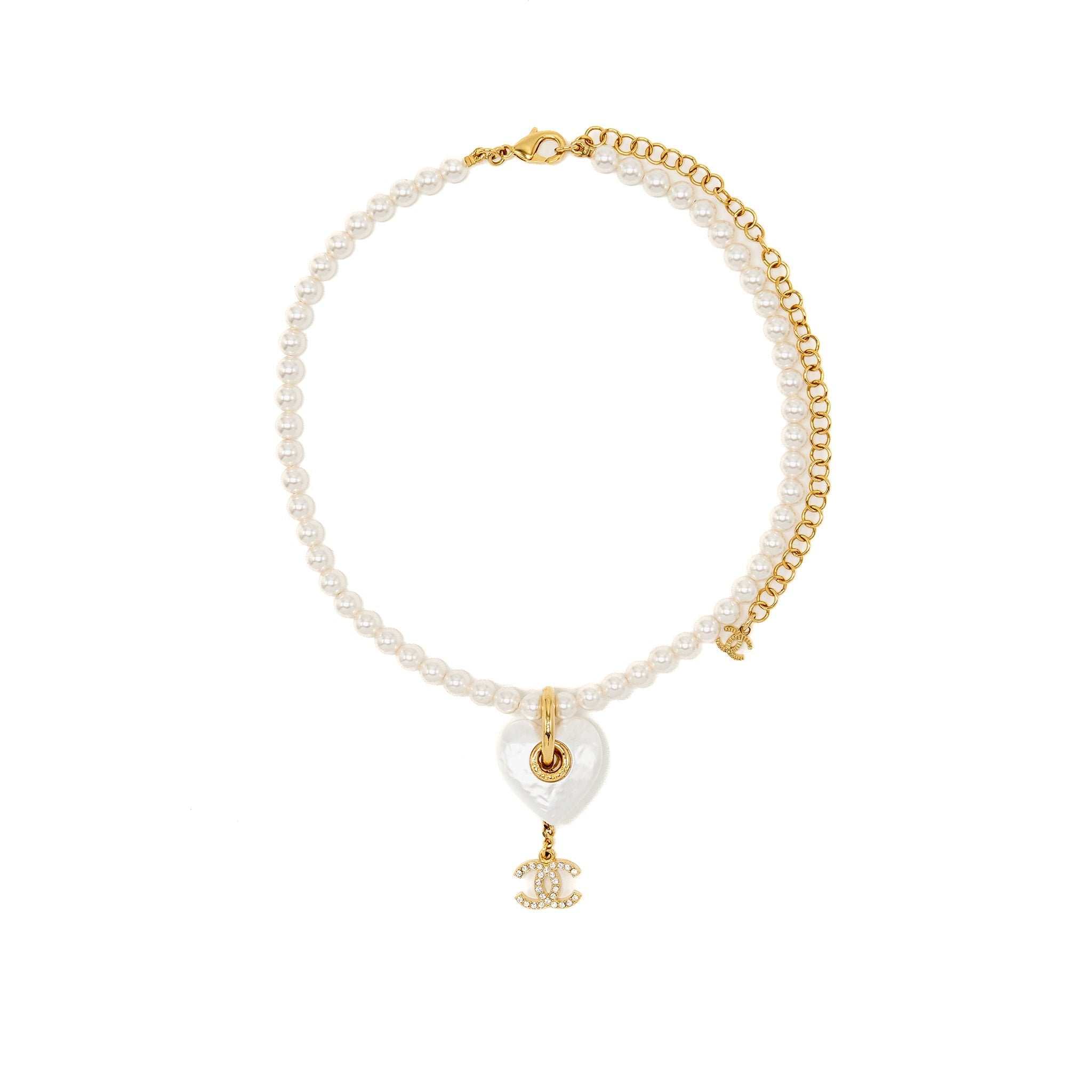CHANEL 24S CC LOGO DROPPED/HEART/PEARL CHOCKER/NECKLACE GOLD TONE