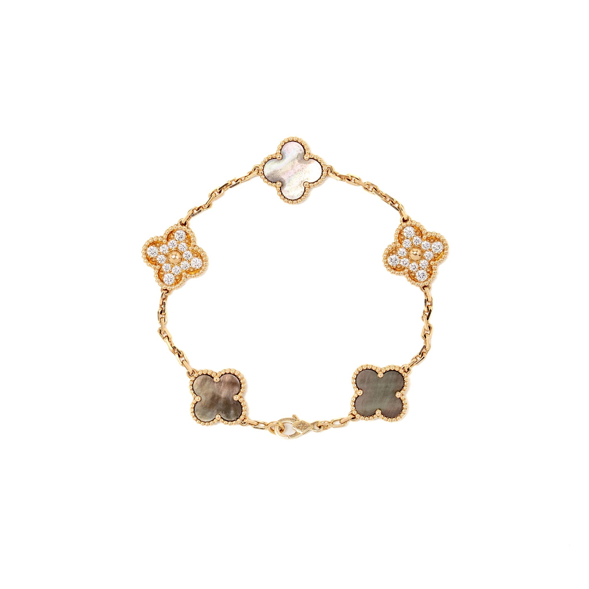 VAN CLEEF & ARPELS VINTAGE ALHAMBRA BRACELET 5 MOTIFS GREY MOTHER OF PEARL WITH DIAMONDS
