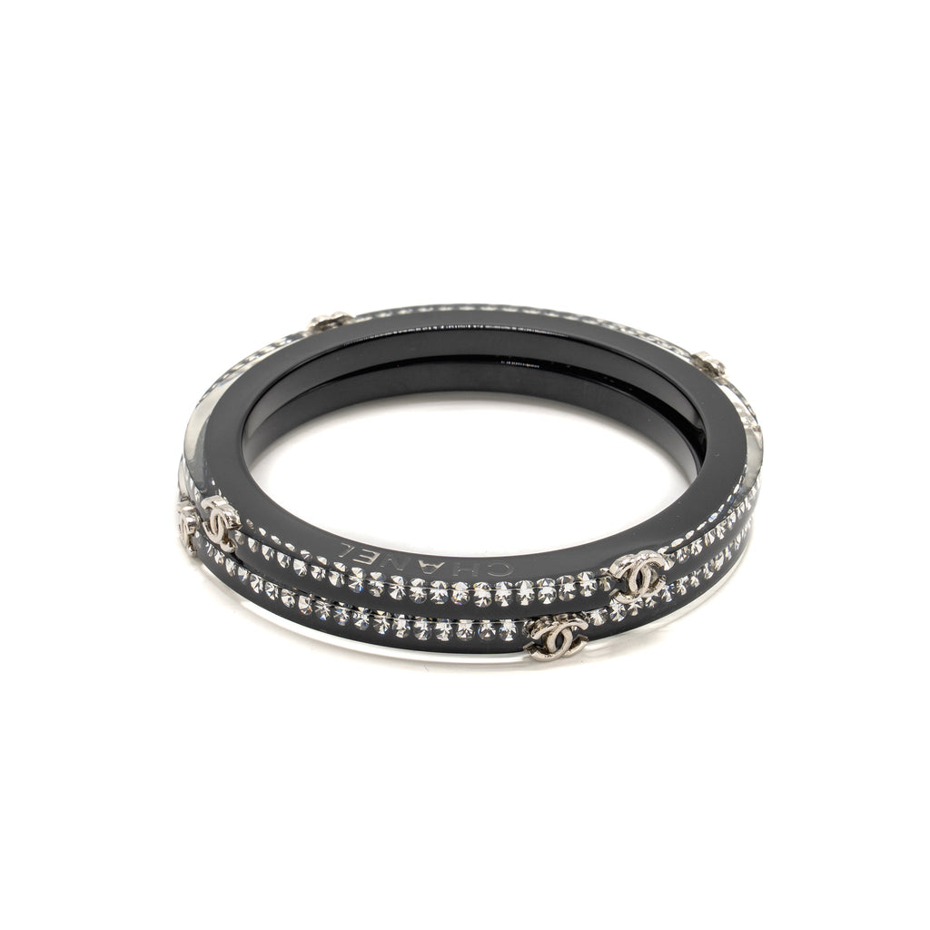 CHANEL CC LOGO BRACELET RESIN / CRYSTAL BLACK SILVER TONE (SELL IN A SET)