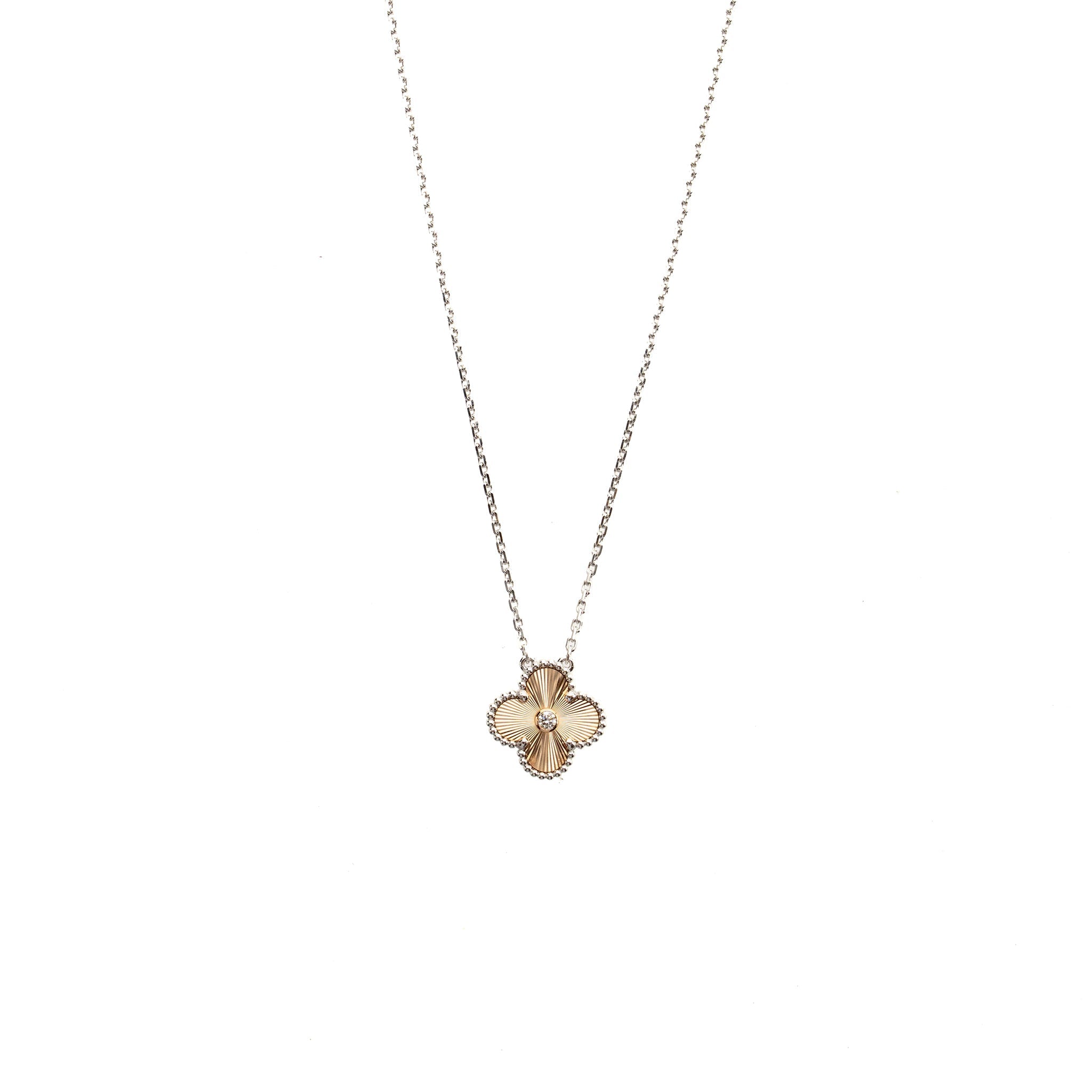 VAN CLEEF & ARPELS VINTAGE ALHAMBRA PENDANT WHITE GOLD, GUILLOCHE ROSE GOLD WITH DIAMOND