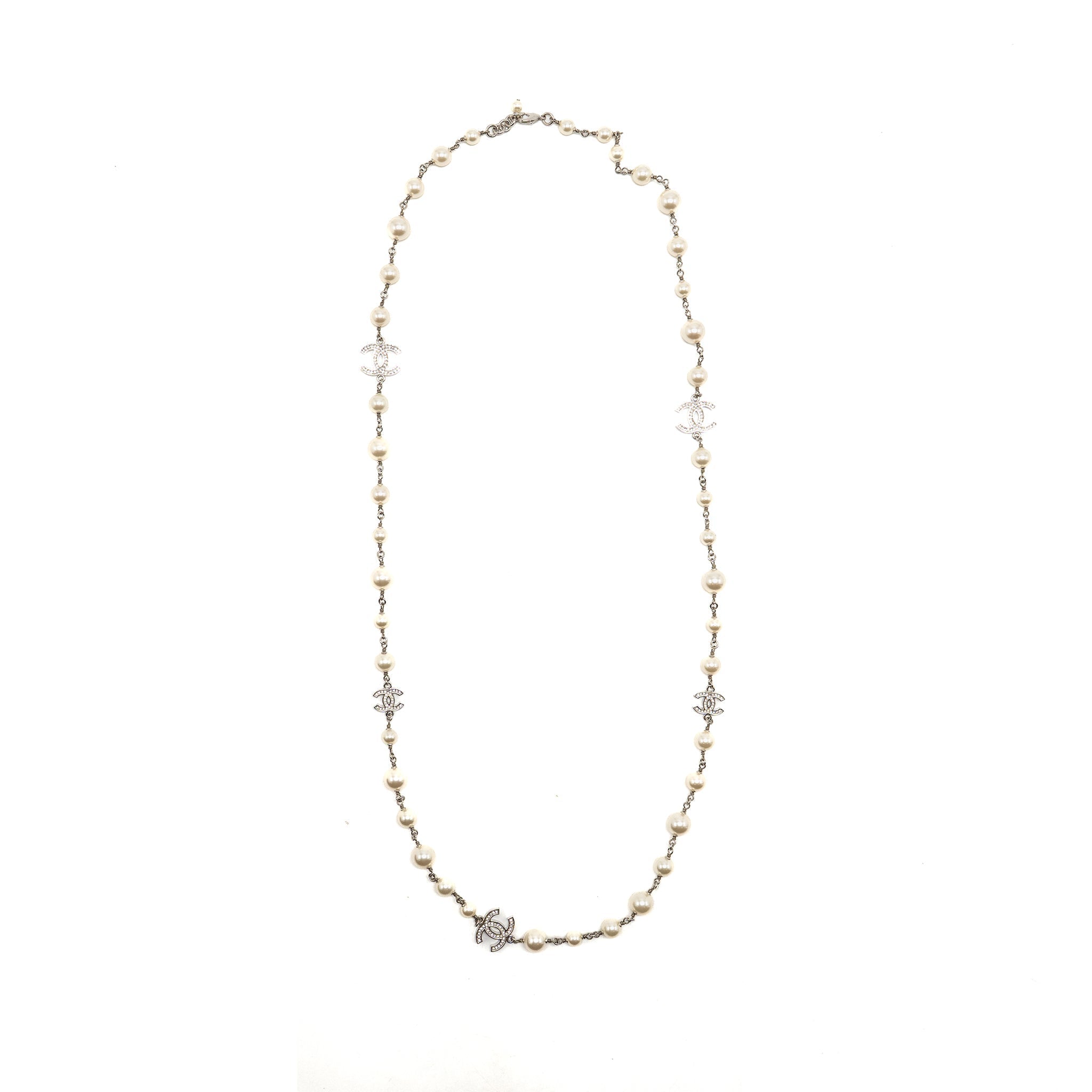 CHANEL PEARL AND CC WITH CRYSTAL LONG NECKLACE SILVER TONE