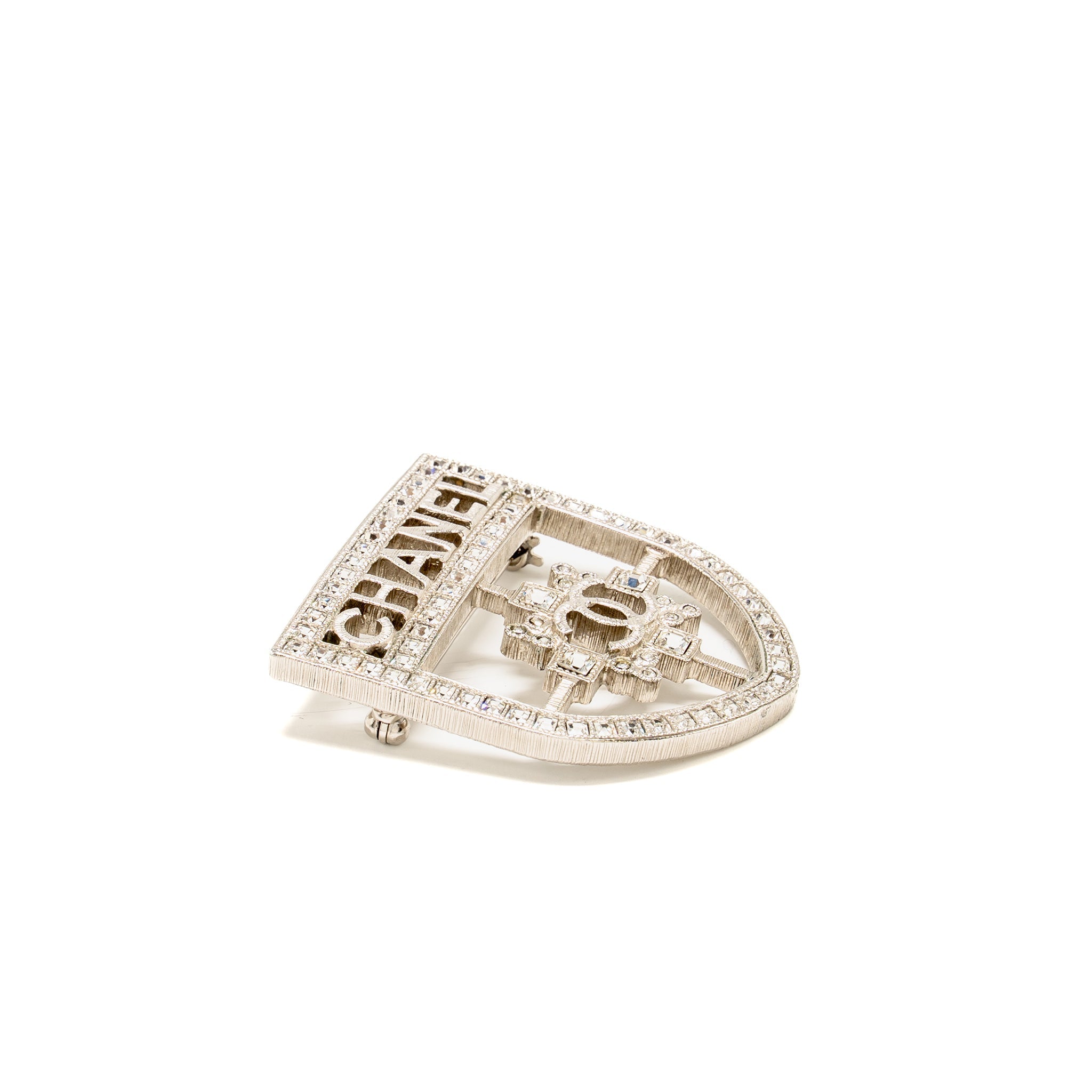 CHANEL SHIELD BROOCH CRYSTAL SILVER TONE