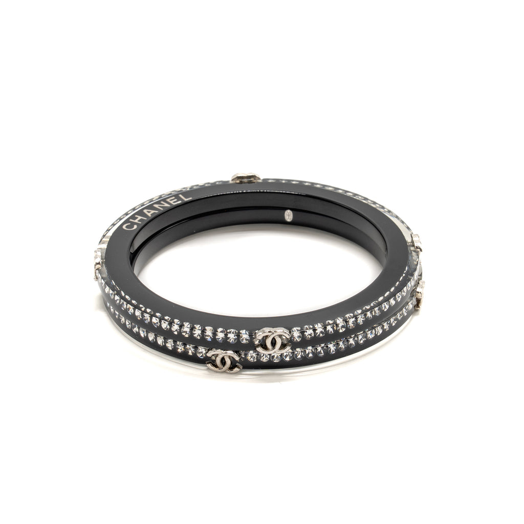 CHANEL CC LOGO BRACELET RESIN / CRYSTAL BLACK SILVER TONE (SELL IN A SET)