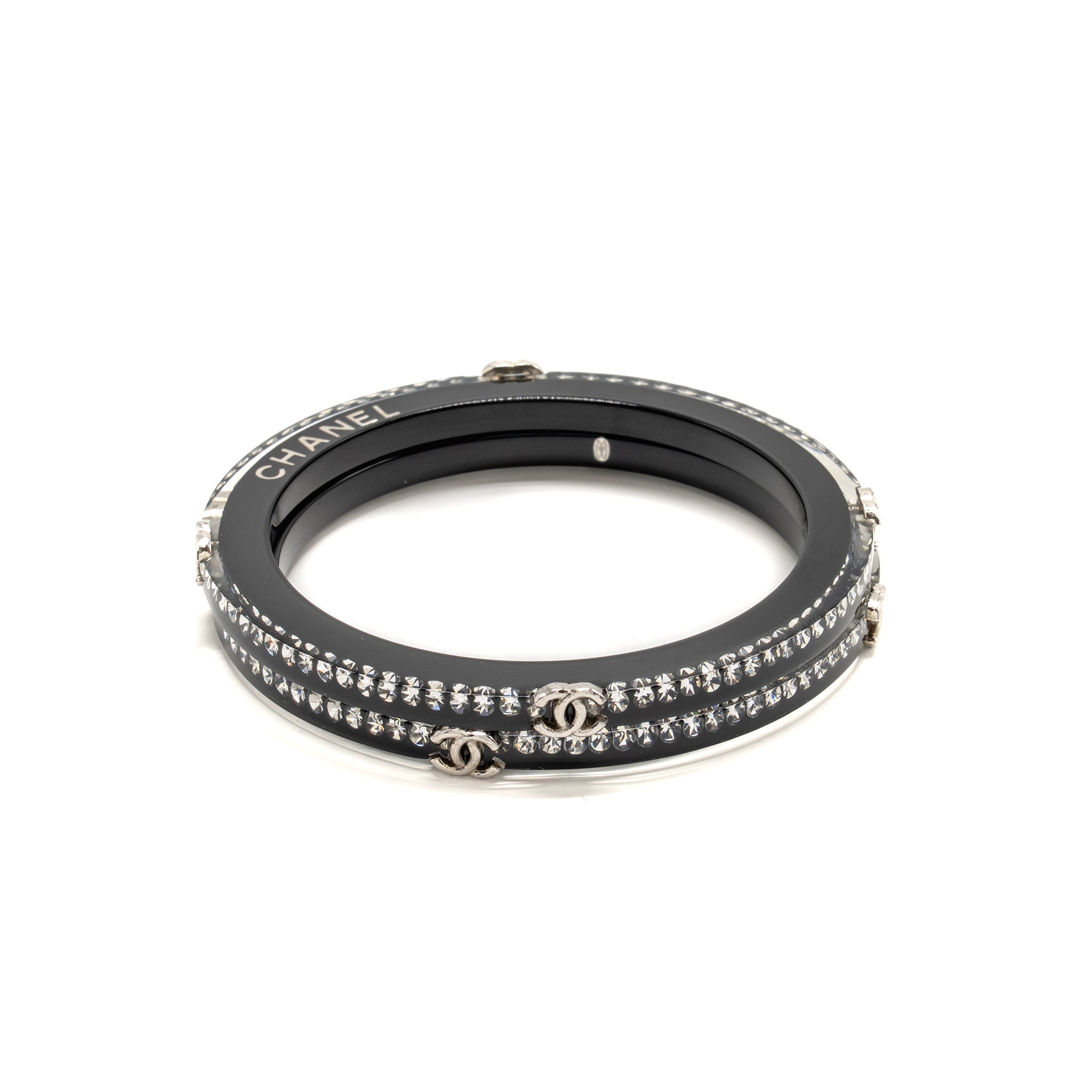 CHANEL CC LOGO BRACELET RESIN / CRYSTAL BLACK SILVER TONE (SELL IN A SET)