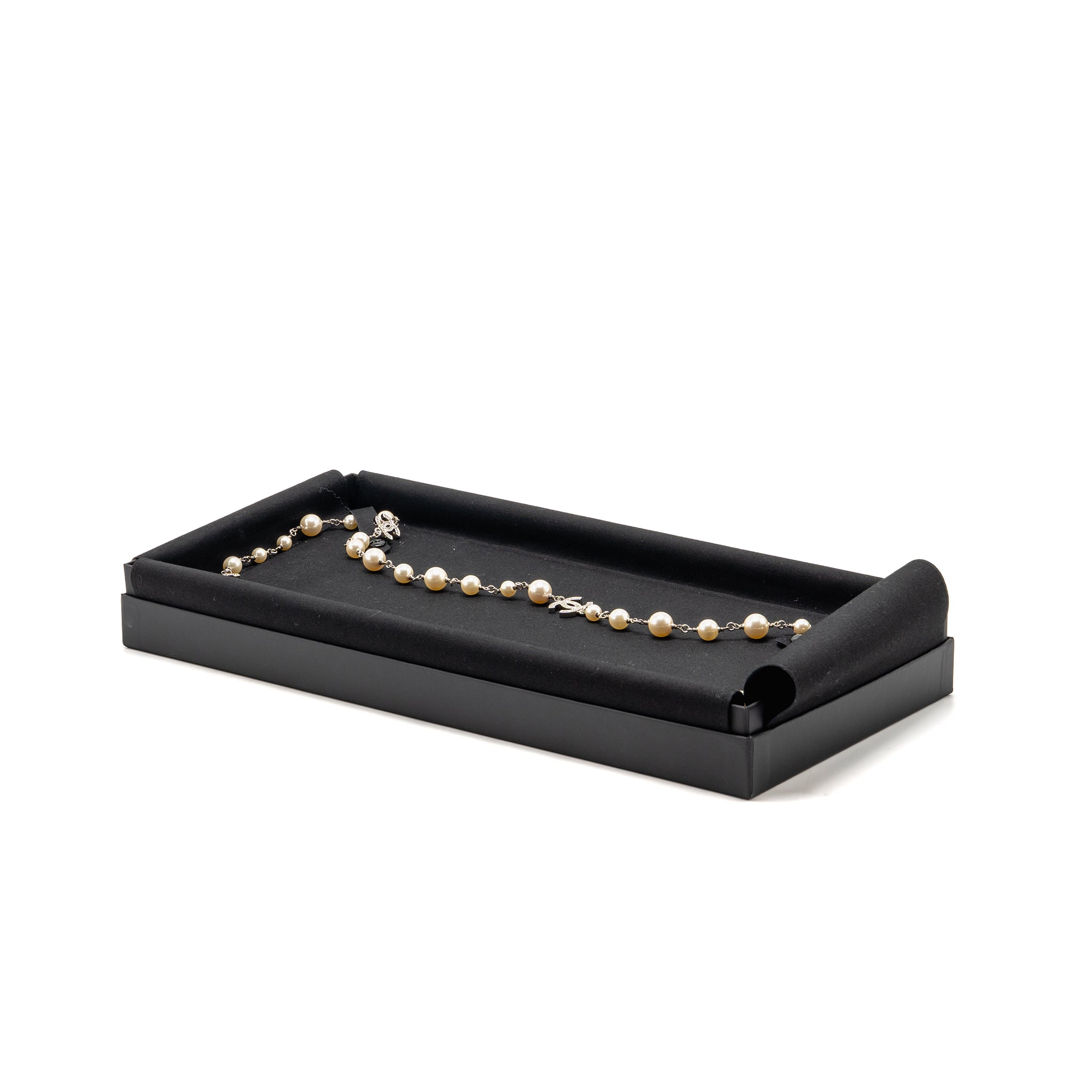 CHANEL PEARL AND CC WITH CRYSTAL LONG NECKLACE SILVER TONE