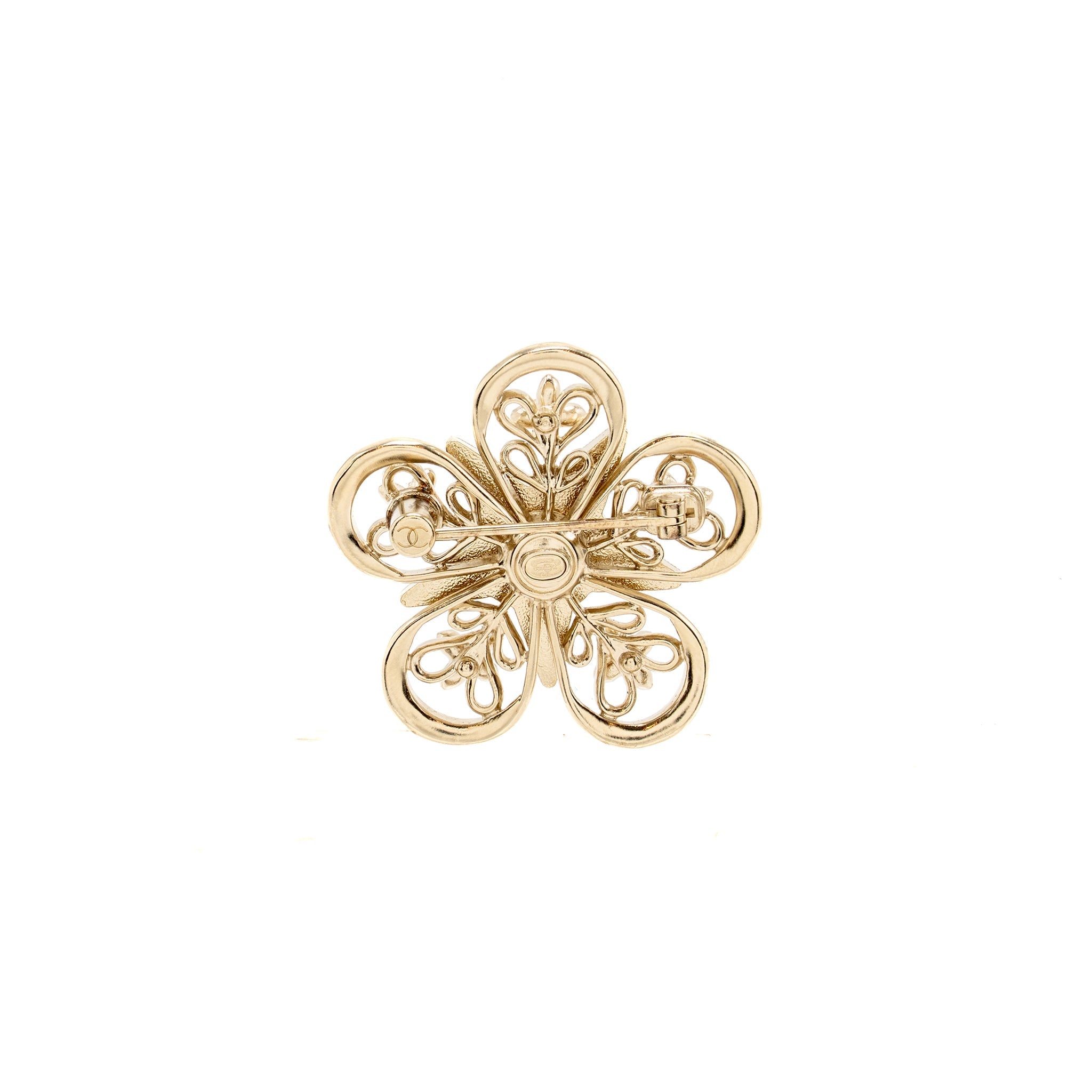 CHANEL CC FLOWER STAR BROOCH PEARL/CRYSTAL LIGHT GOLD TONE