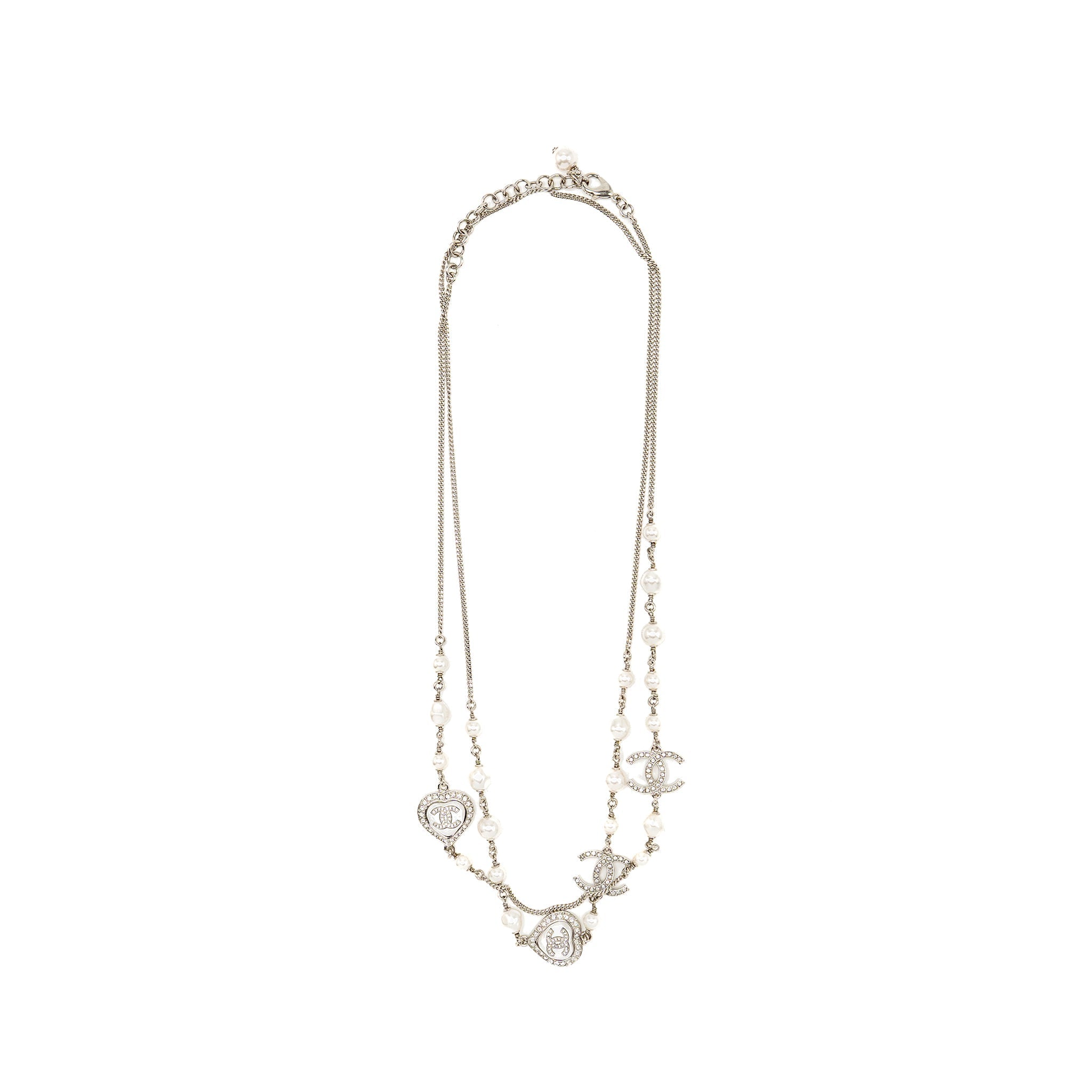 CHANEL CRYSTAL HEART SHAPE/PEARL LONG NECKLACE SILVER TONE