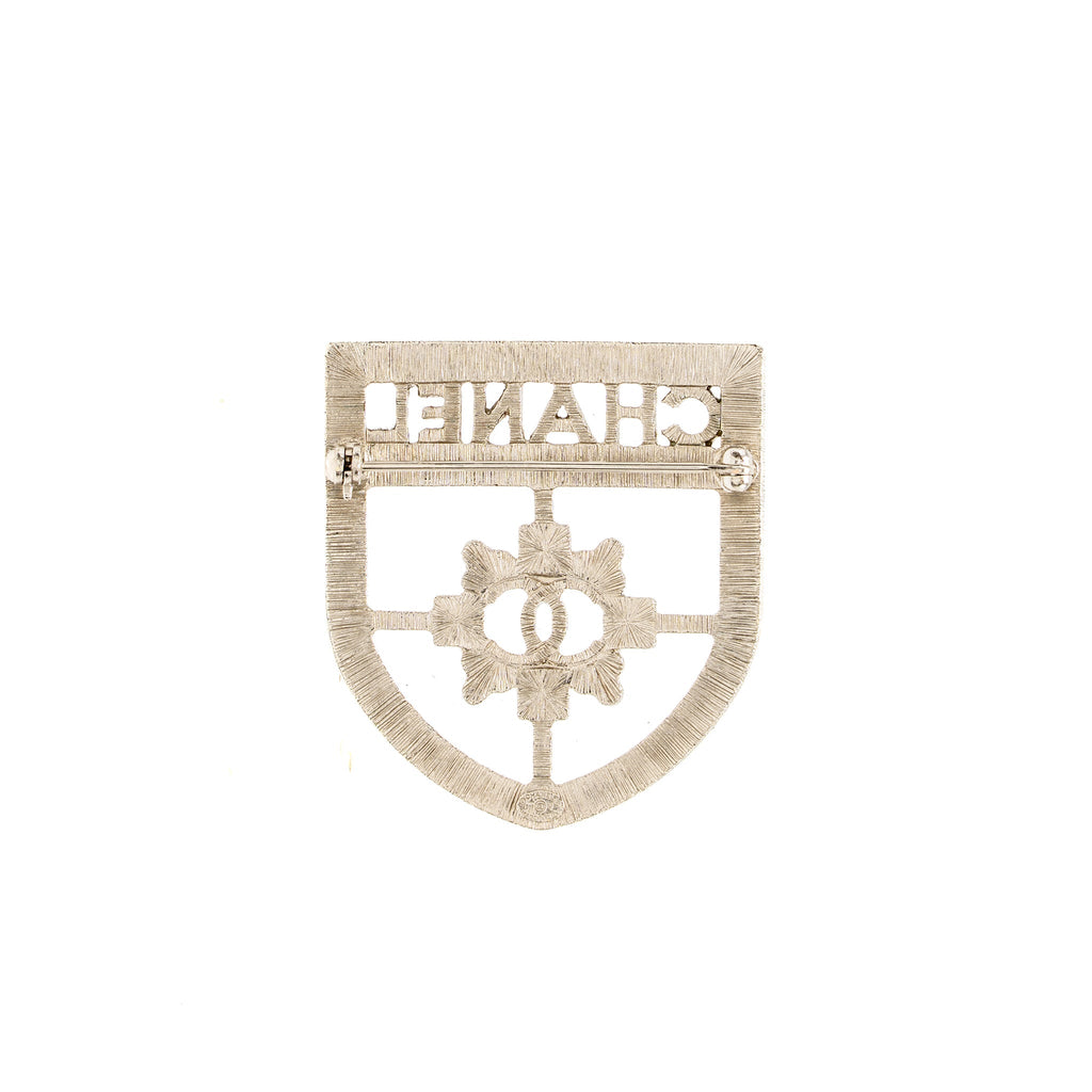 CHANEL SHIELD BROOCH CRYSTAL SILVER TONE