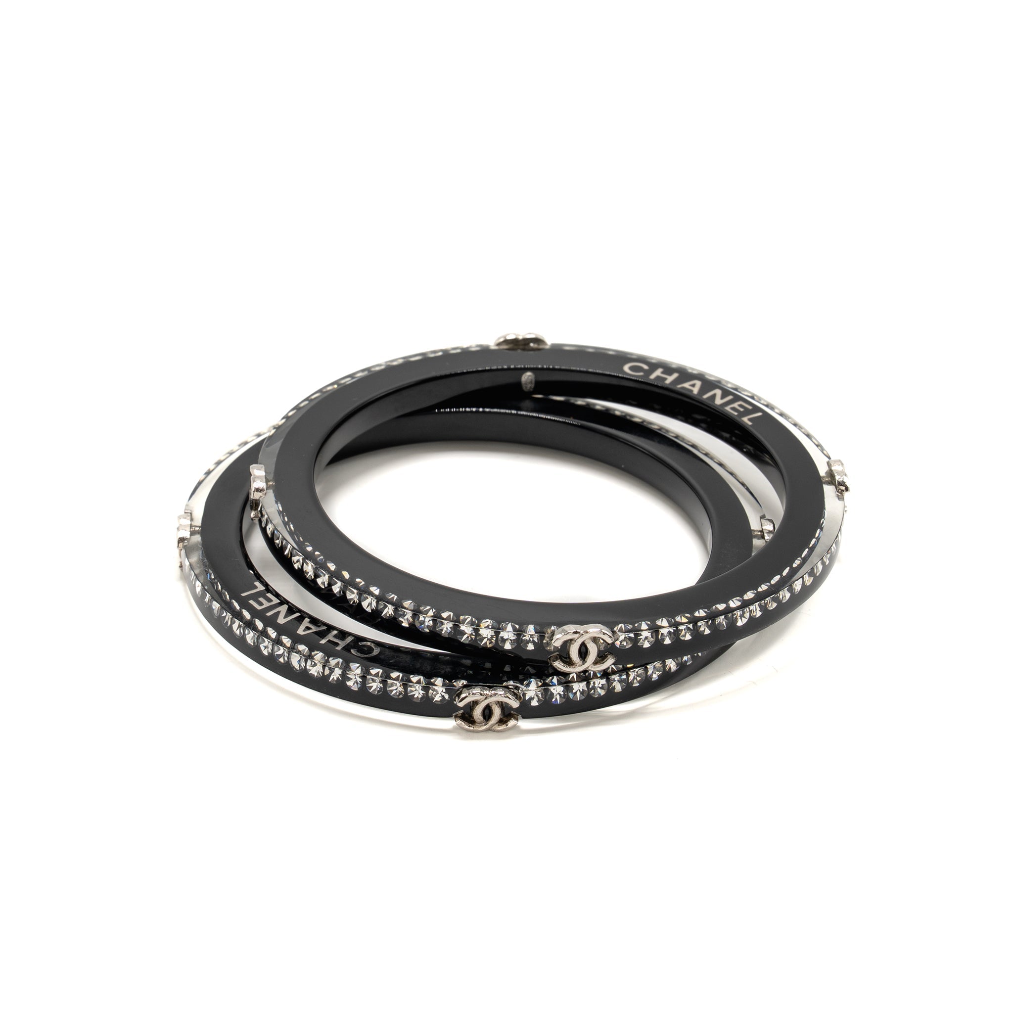 CHANEL CC LOGO BRACELET RESIN / CRYSTAL BLACK SILVER TONE (SELL IN A SET)