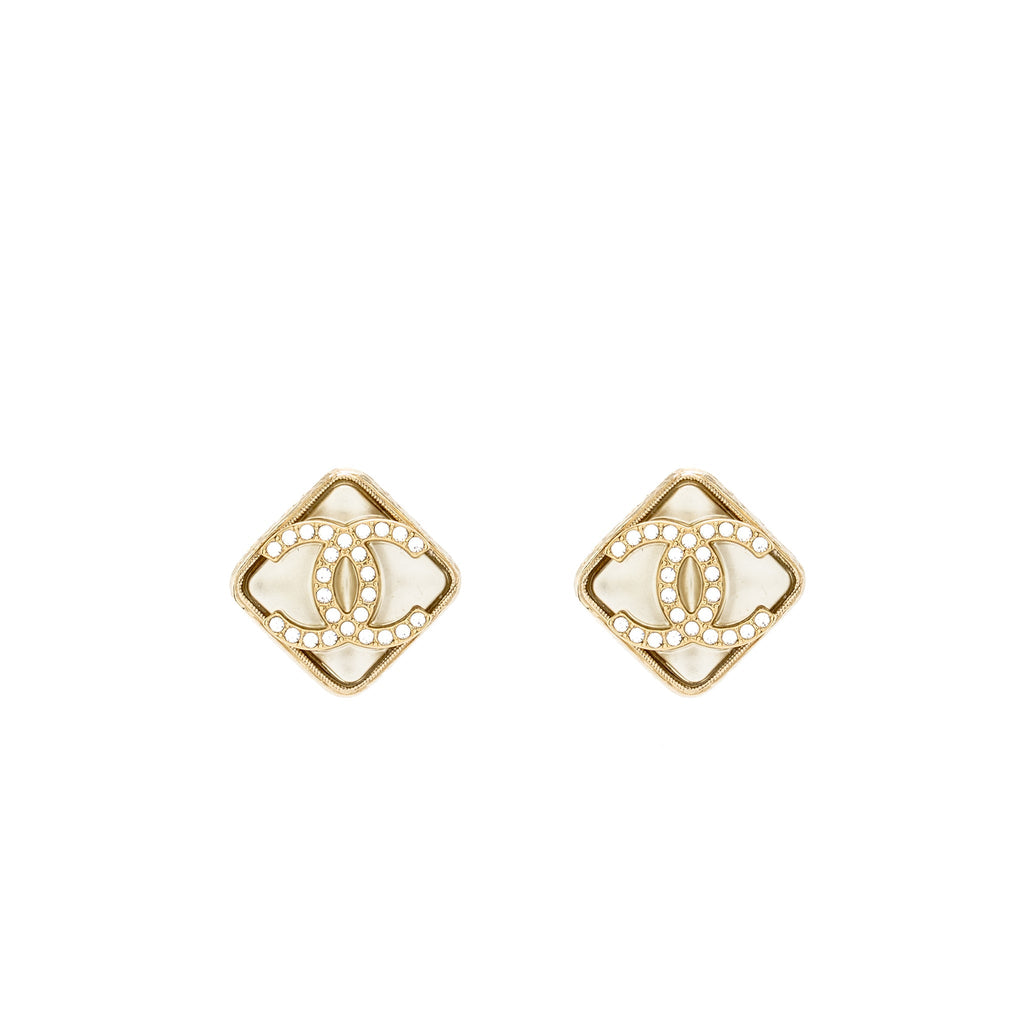 CHANEL SQUARE CC LOGO CRYSTAL EARRINGS LIGHT GOLD TONE