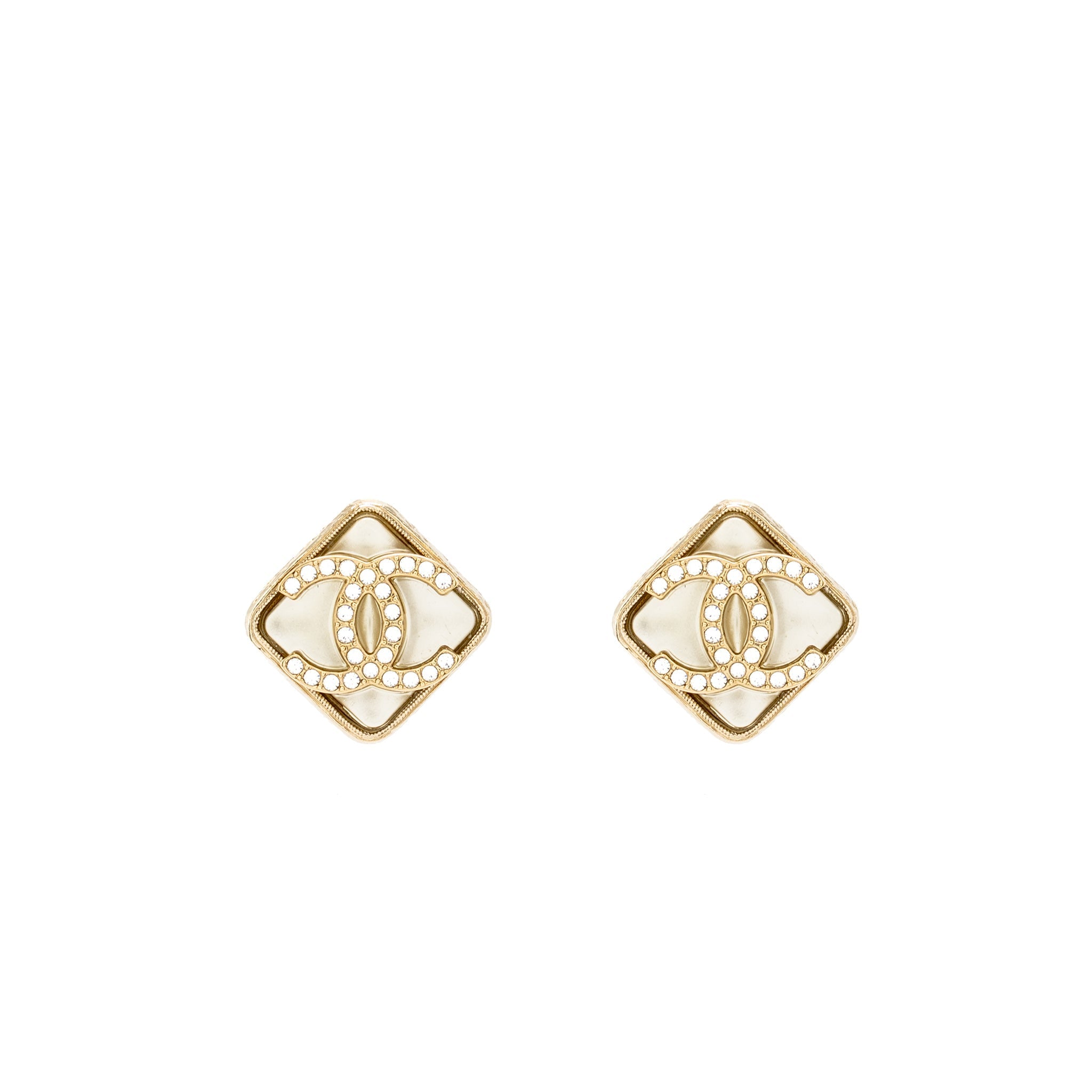 CHANEL SQUARE CC LOGO CRYSTAL EARRINGS LIGHT GOLD TONE