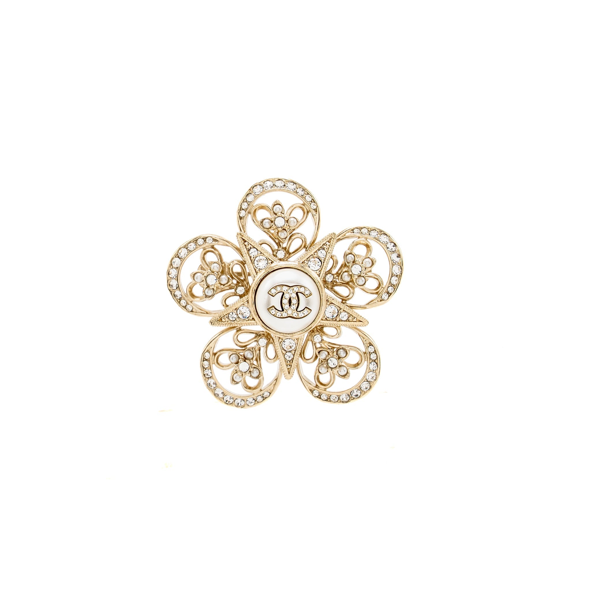CHANEL CC FLOWER STAR BROOCH PEARL/CRYSTAL LIGHT GOLD TONE