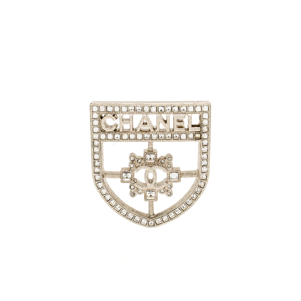 CHANEL SHIELD BROOCH CRYSTAL SILVER TONE