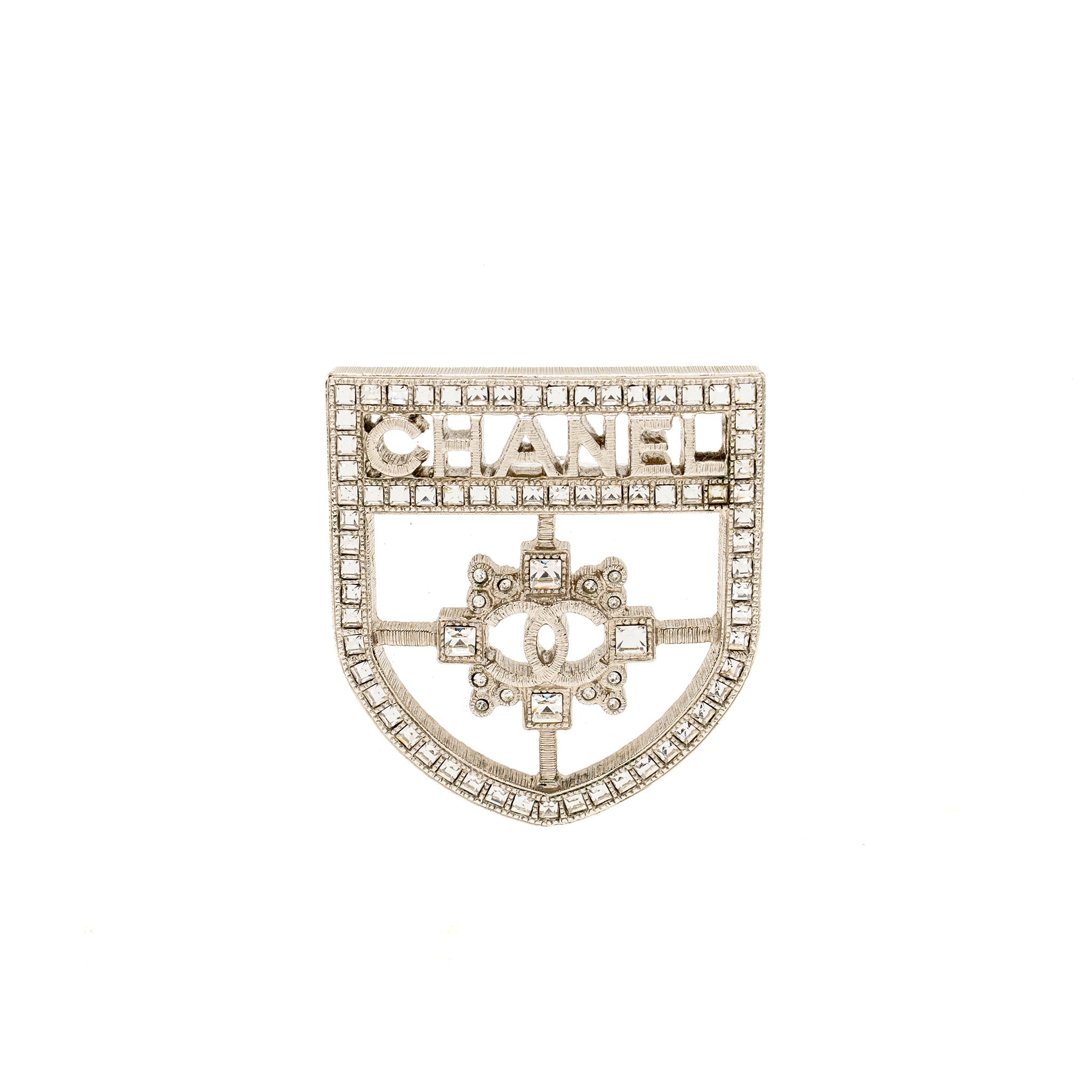 CHANEL SHIELD BROOCH CRYSTAL SILVER TONE