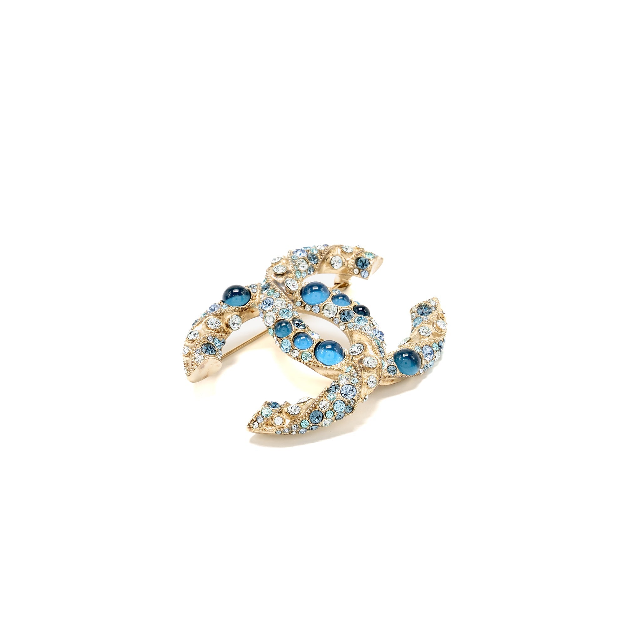 CHANEL CC LOGO BROOCH WITH CRYSTAL BLUE/MULTICOLOUR GOLD TONE