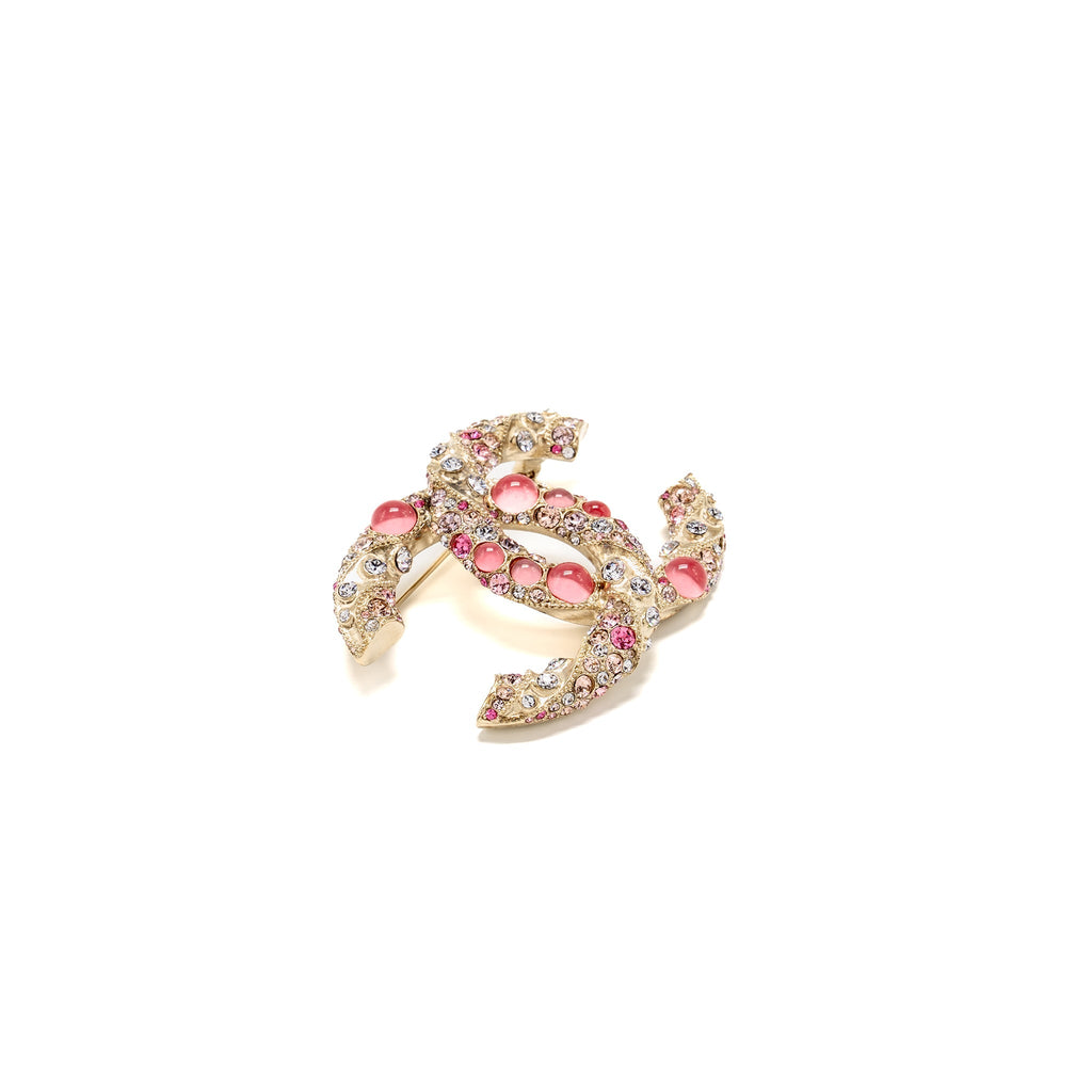 CHANEL CC LOGO BROOCH WITH CRYSTAL PINK/MULTICOLOUR GOLD TONE