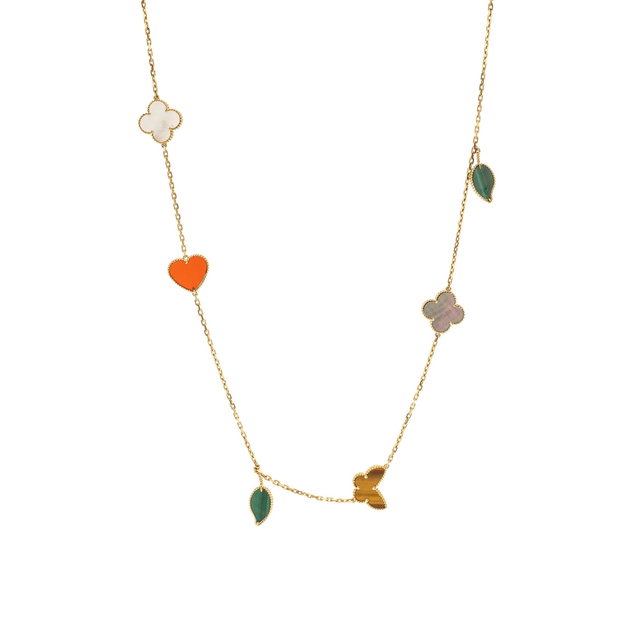 VAN CLEEF & ARPELS LUCKY ALHAMBRA LONG NECKLACE, 12 MOTIFS, YELLOW GOLD, CARNELIAN, MALACHITE, WHITE AND GREY MOTHER-OF-PEARL, TIGER EYE
