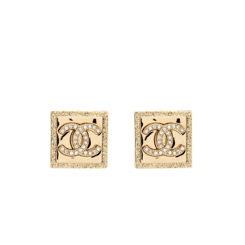 CHANEL SQUARE CC LOGO EARRINGS LIGHT GOLD TONE