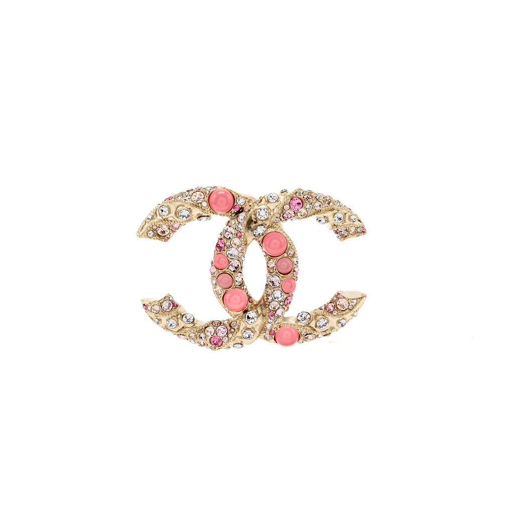 CHANEL CC LOGO BROOCH WITH CRYSTAL PINK/MULTICOLOUR GOLD TONE