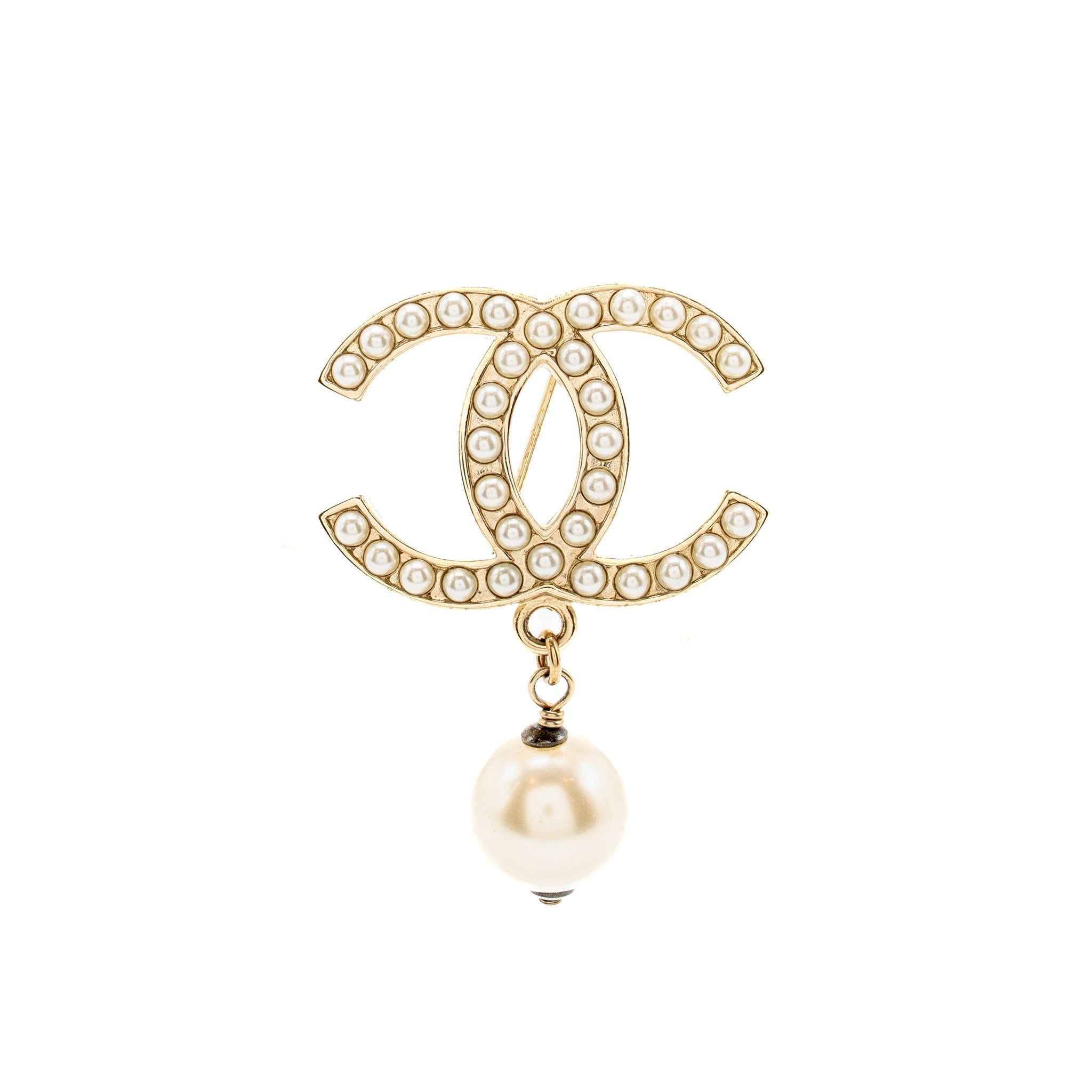 CHANEL CC BROOCH PEARL DROP LIGHT GOLD TONE