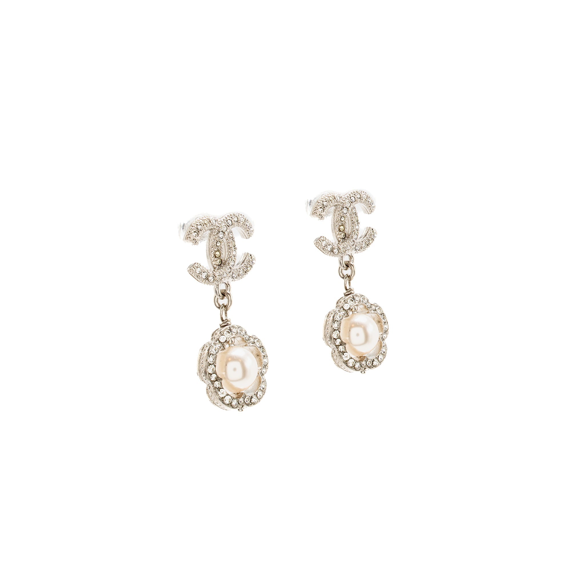 CHANEL CC FLOWER FRAMED PEARL DROP EARRINGS CRYSTAL SILVER TONE