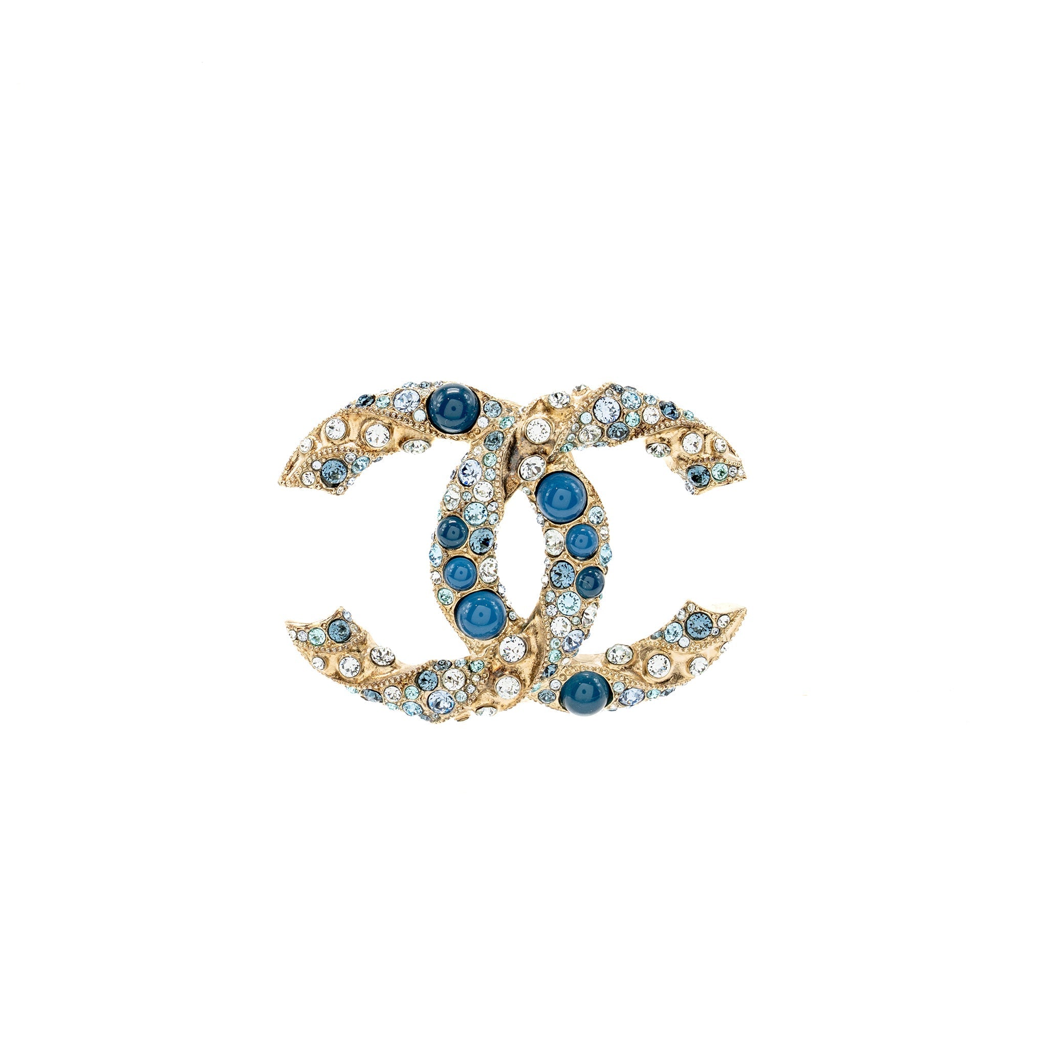 CHANEL CC LOGO BROOCH WITH CRYSTAL BLUE/MULTICOLOUR GOLD TONE