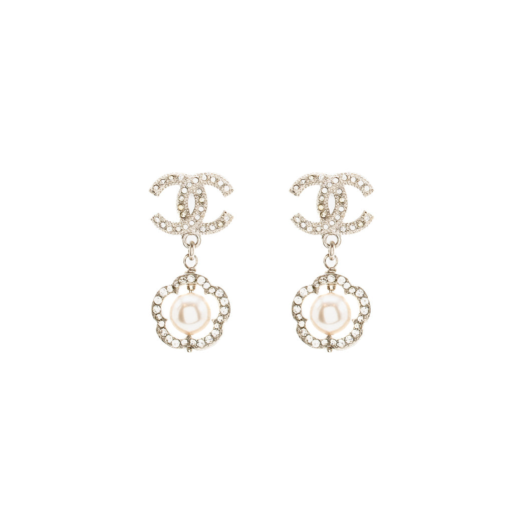CHANEL CC FLOWER FRAMED PEARL DROP EARRINGS CRYSTAL SILVER TONE