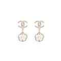 CHANEL CC FLOWER FRAMED PEARL DROP EARRINGS CRYSTAL SILVER TONE