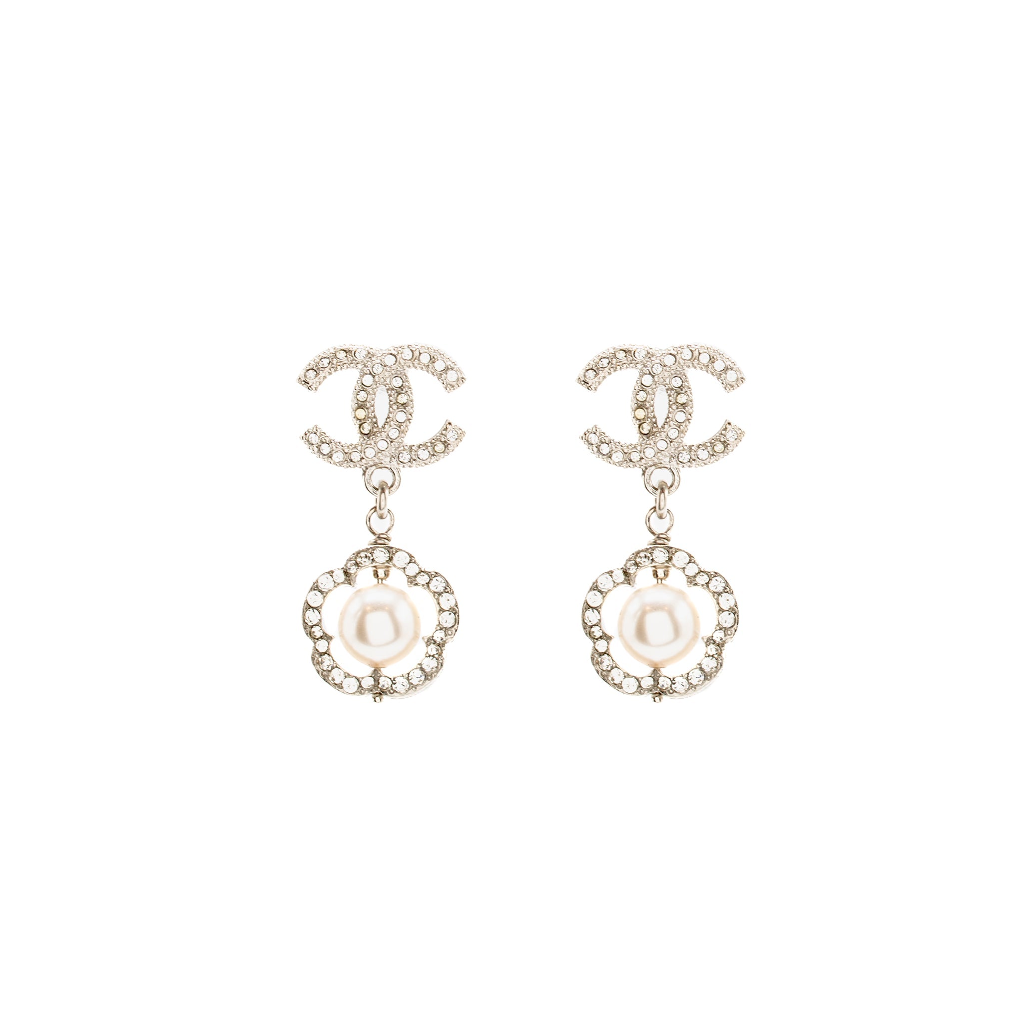 CHANEL CC FLOWER FRAMED PEARL DROP EARRINGS CRYSTAL SILVER TONE